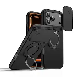 Dteck - Heavy Duty Case for Apple iPhone 17 Pro Max with Foldable Ring Stand,Bulit in Slide Camera Cover,Fit Magnetic Car Mount - Black