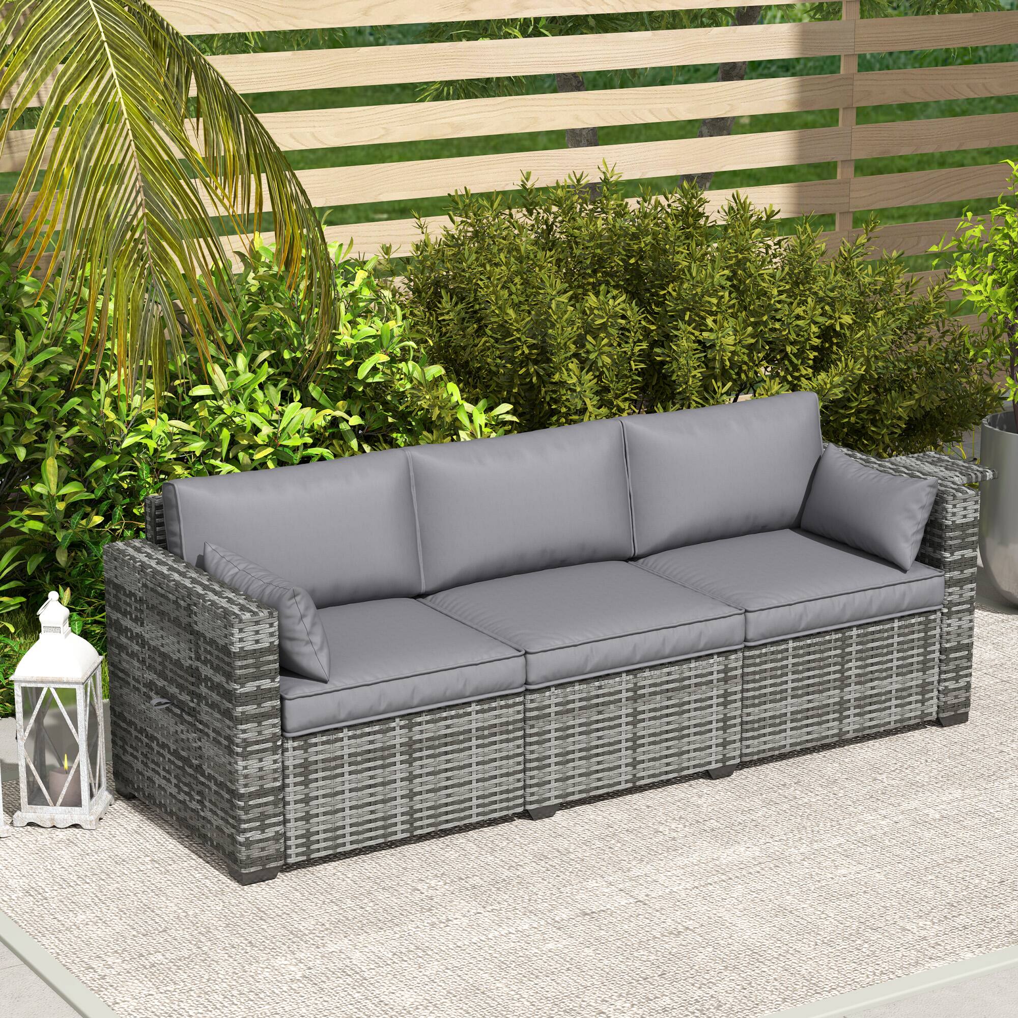 Alt View 7. Outsunny - 3 Seater Wicker Sofa with Side Tray Tables, Rattan Outdoor Patio Sofa with 6" Thick Back Cushions, Outdoor Wicker Couch - Mixed Gray.