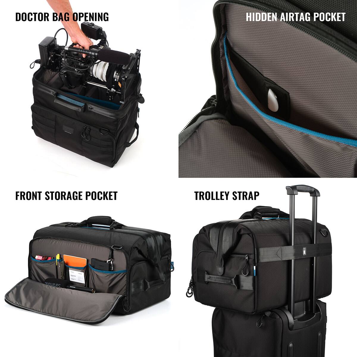 DOCTOR BAG OPENING  
HIDDEN AIRTAG POCKET  
FRONT STORAGE POCKET  
TROLLEY STRAP