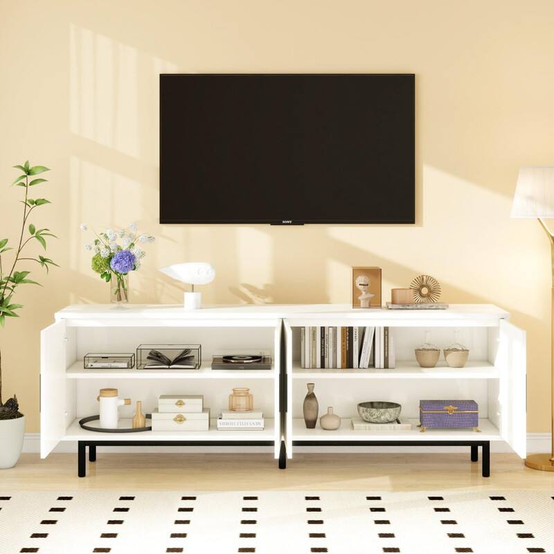 Alt View 4. Dyonery - 70" Fluted TV Stand for TVs up to 80 Inches, Entertainment Center with Storage， Adjustable Shelf, Modern TV Console - White.