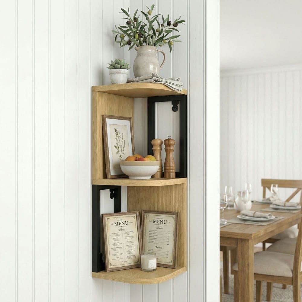 Kadyn - Corner Floating Shelves, Light Wood and Black Metal Frame with Invisible Bracket for Sag-Free Storage in Living Room - Brown