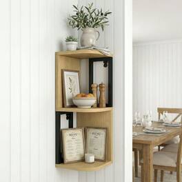 Kadyn - Corner Floating Shelves, Light Wood and Black Metal Frame with Invisible Bracket for Sag-Free Storage in Living Room - Brown