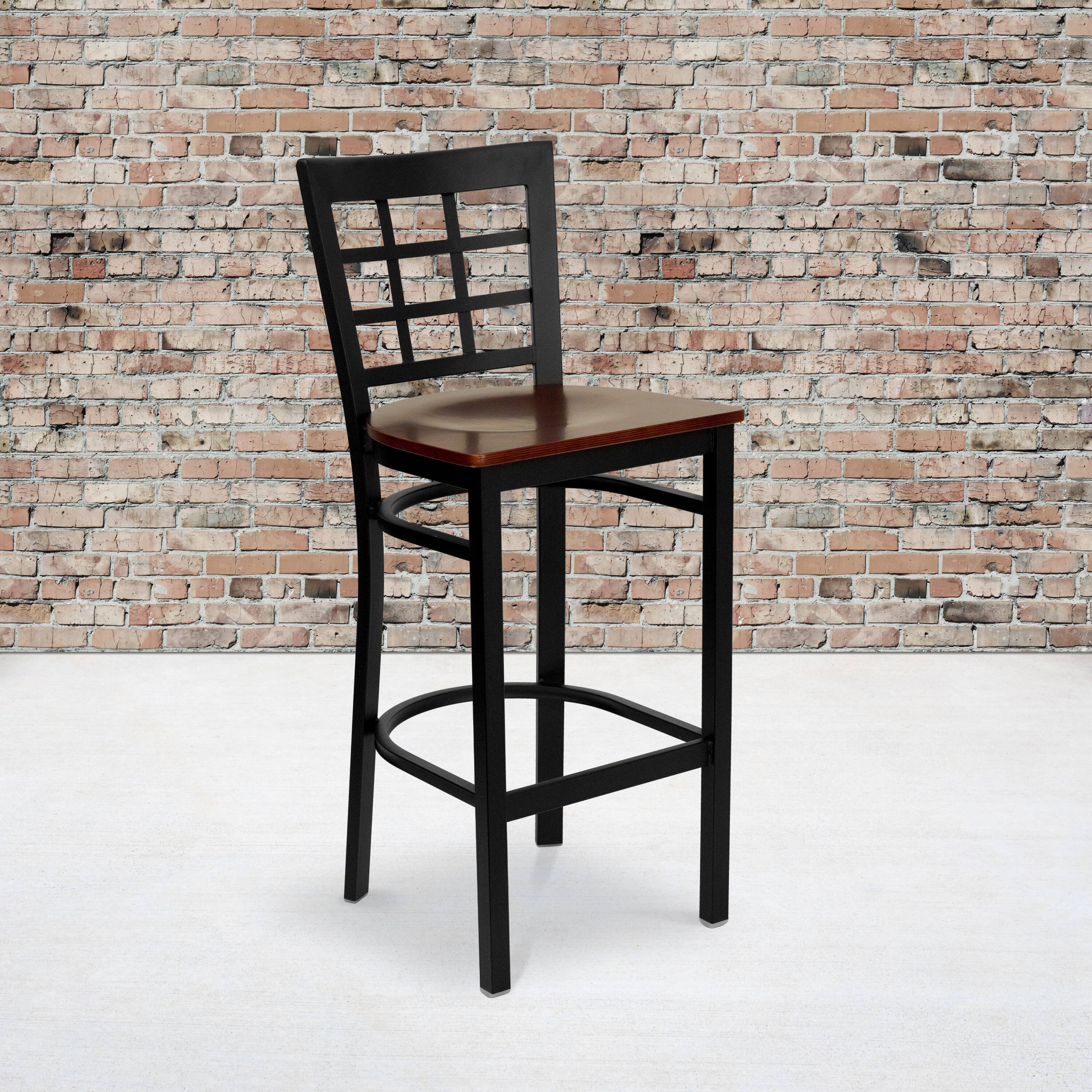 Alt View 1. Emma + Oliver - Window Back Metal Restaurant Dining Barstool - Mahogany Wood Seat/Black Metal Frame.