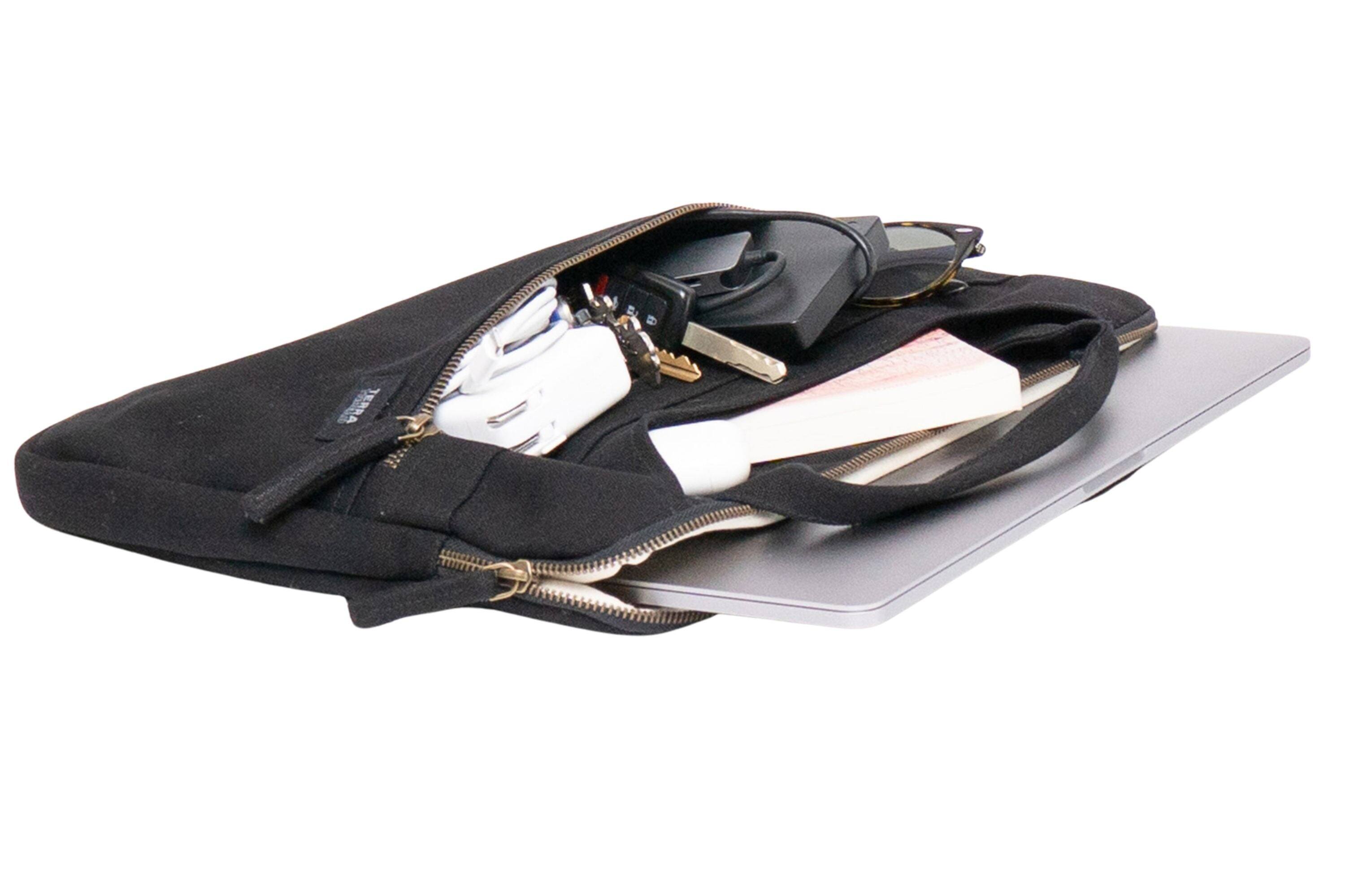 Left. Terra Thread - Organic Cotton Laptop Sleeve With Handles - Black.