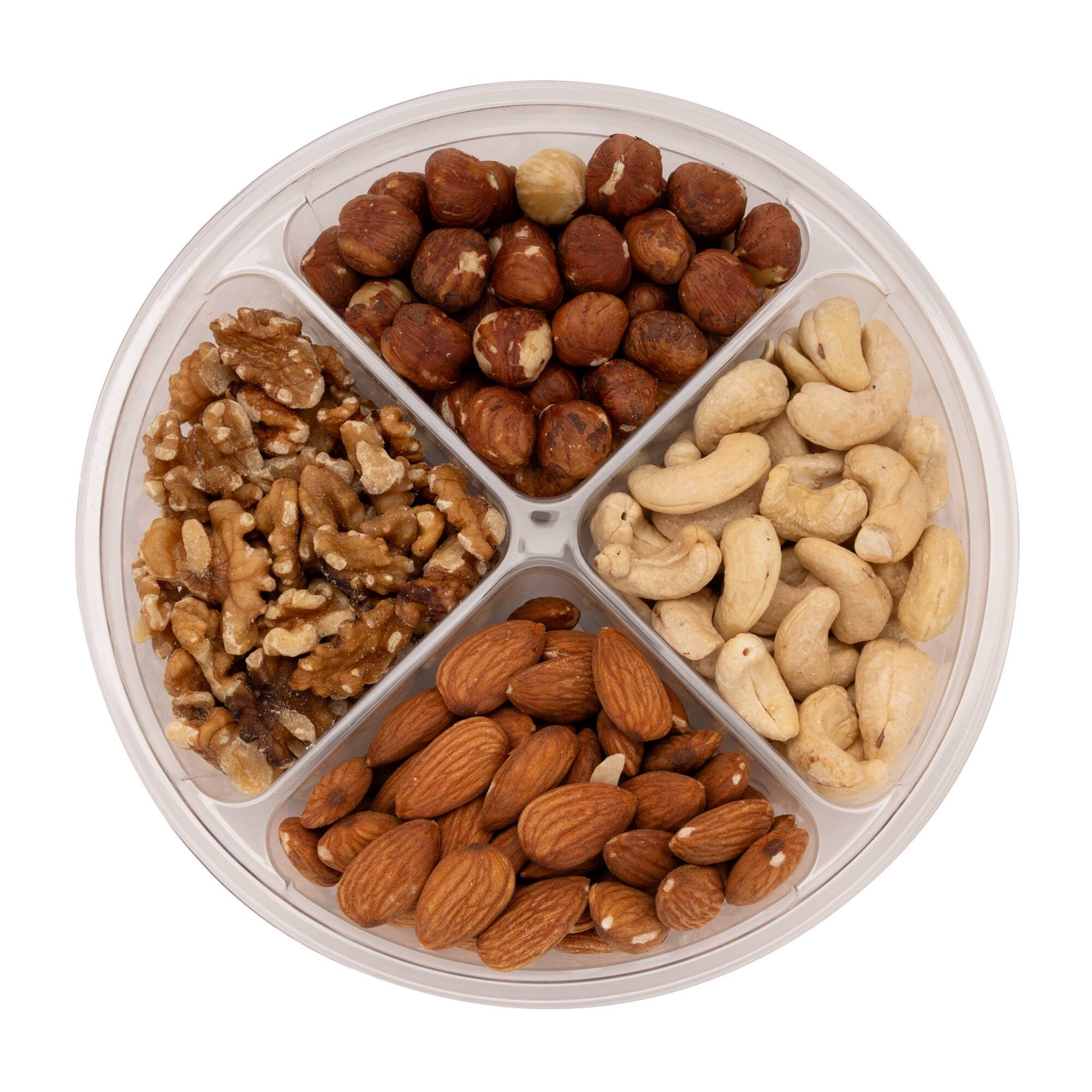 Left. ChefWave - Variety Fresh Assortment 4-Section Tray of Nuts.
