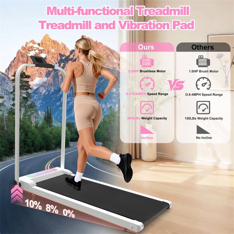 Multi-functional Treadmill Treadmill and Vibration Pad

Ours:
- 2.0HP Brushless Motor
- 0.5-5.0MPH Speed Range
- 300LBs Weight Capacity
- Incline: 10%

Others:
- 1.0HP Brush Motor
- 0.6-4MPH Speed Range
- 150LBs Weight Capacity
- No Incline

10% 8% 0%