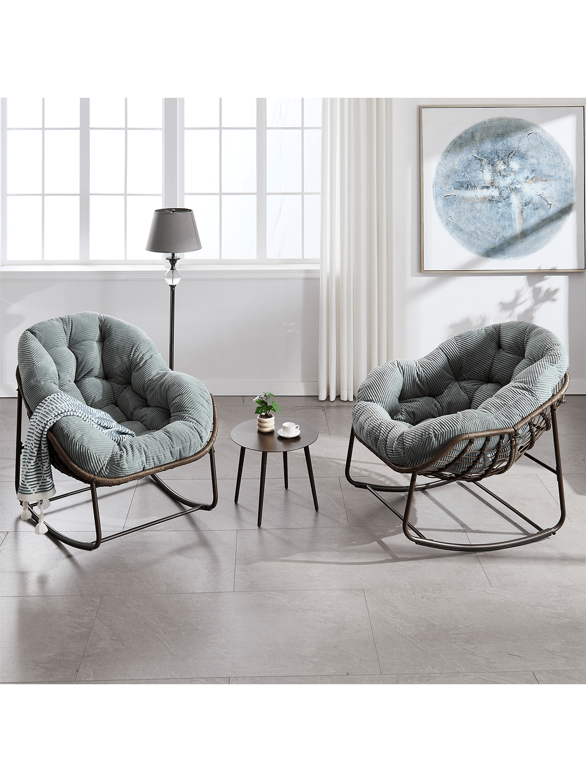 Trinkets Crazed - Outdoor Indoor Rocking Chair Set Of 2, Oversized Patio Papasan Rocking Egg Chair With Padded Cushion - Olive Green