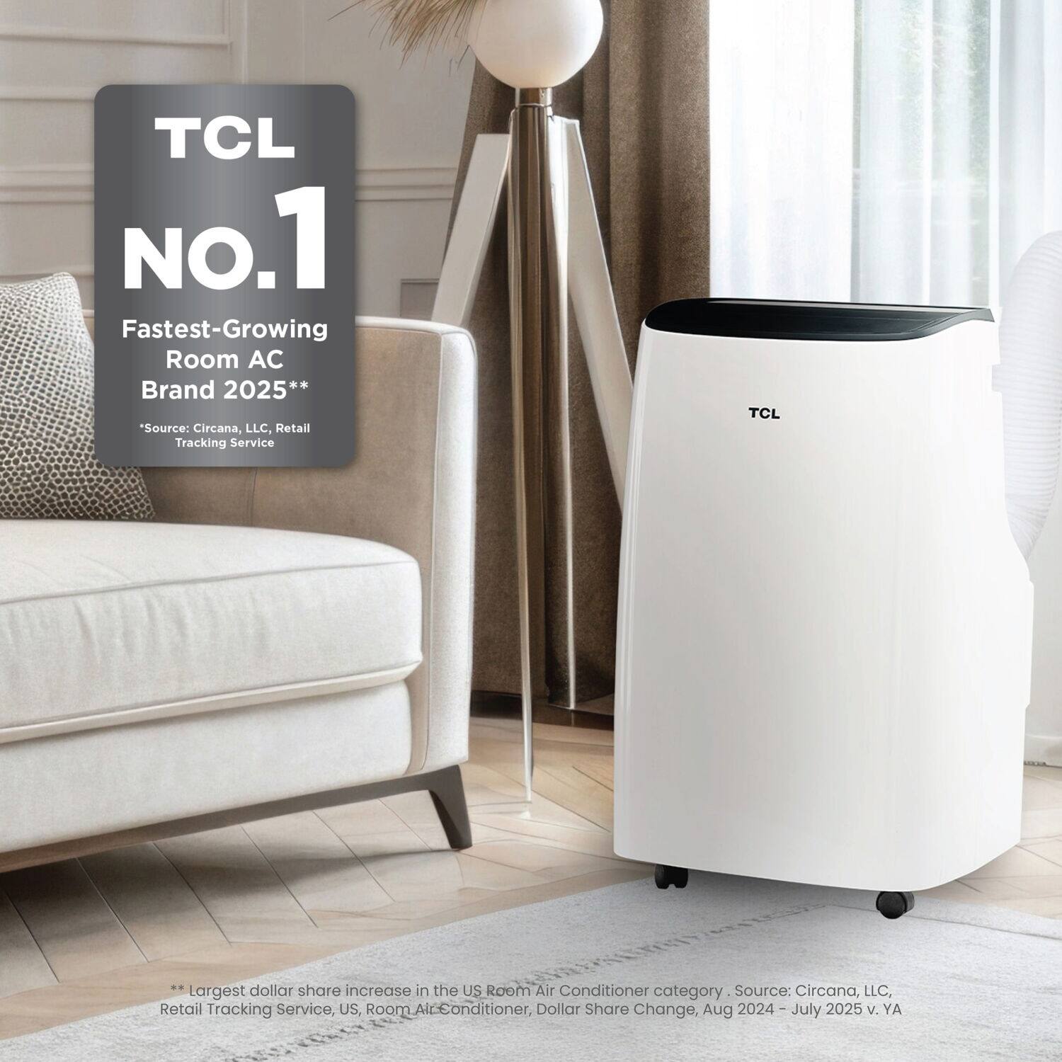 TCL  
NO.1  
Fastest-Growing Room AC Brand 2025**  
*Source: Circana, LLC, Retail Tracking Service  

**Largest dollar share increase in the US Room Air Conditioner category. Source: Circana, LLC, Retail Tracking Service, US, Room Air Conditioner, Dollar Share Change, Aug 2024 – July 2025 v. YA