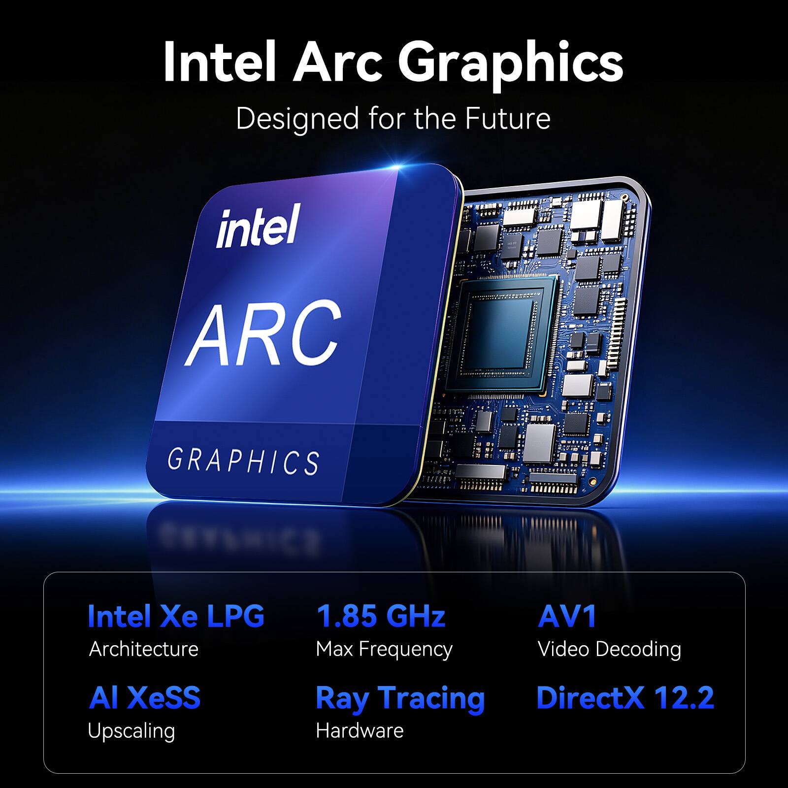 Intel Arc Graphics  
Designed for the Future  

intel ARC GRAPHICS  

Intel Xe LPG Architecture  
1.85 GHz Max Frequency  
AV1 Video Decoding  
AI XeSS Upscaling  
Ray Tracing  
DirectX 12.2 Hardware