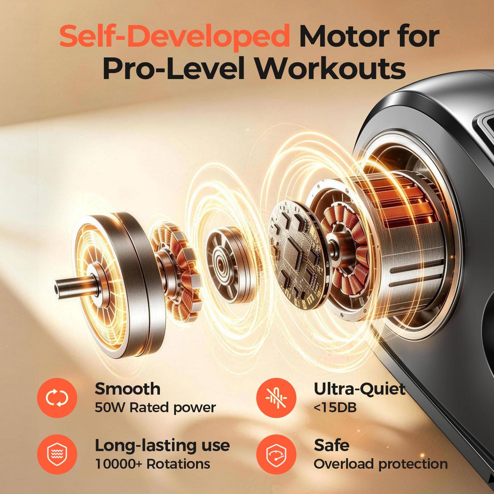 Self-Developed Motor for Pro-Level Workouts

- Smooth 50W Rated power
- Ultra-Quiet <15DB
- Long-lasting use 10000+ Rotations
- Safe Overload protection