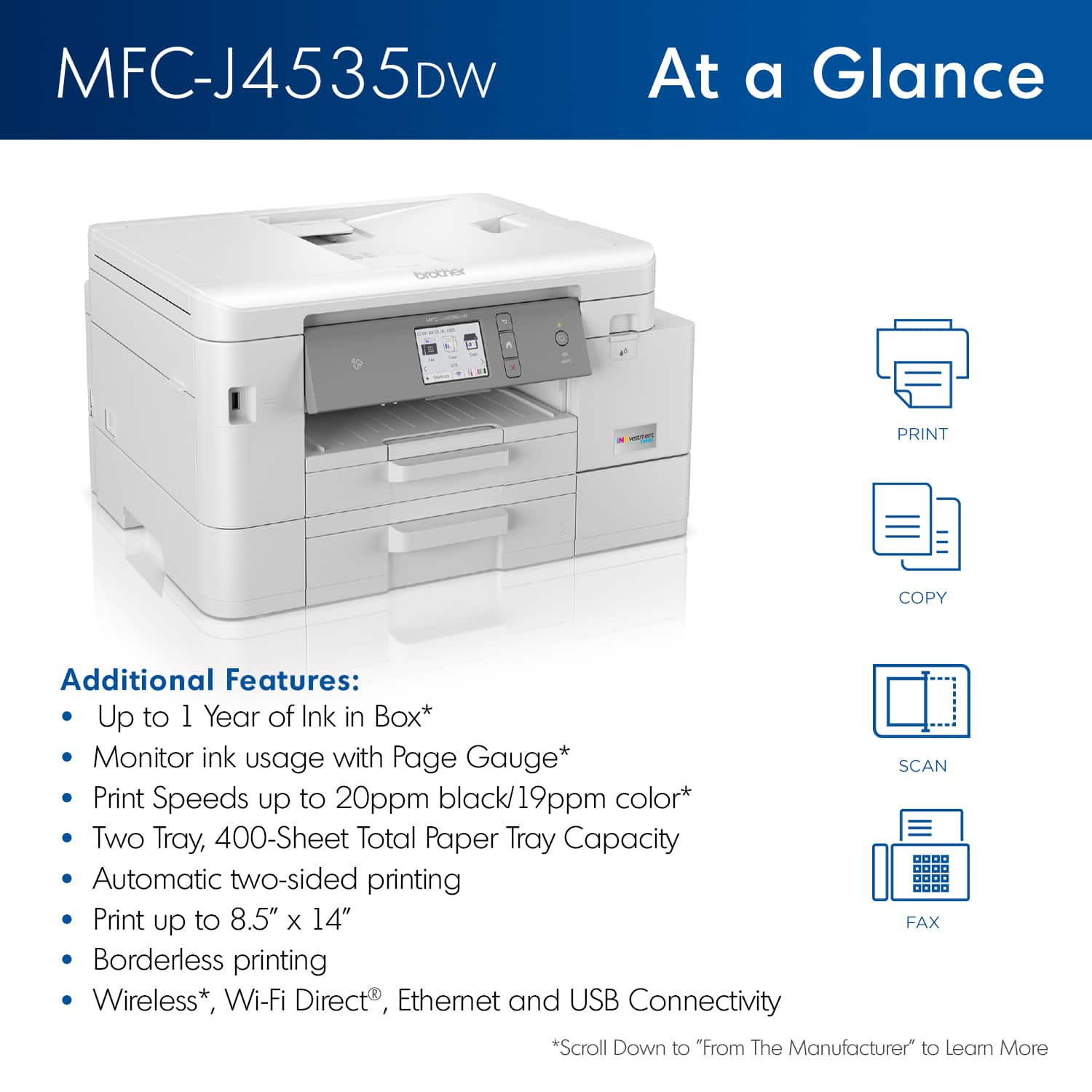 Brother – INKvestment Tank MFC-J4535DW Wireless All-in-One Inkjet Printer with Up to 1-Year of Ink in-box – White/Gray Sansujyuku sansujyuku.com