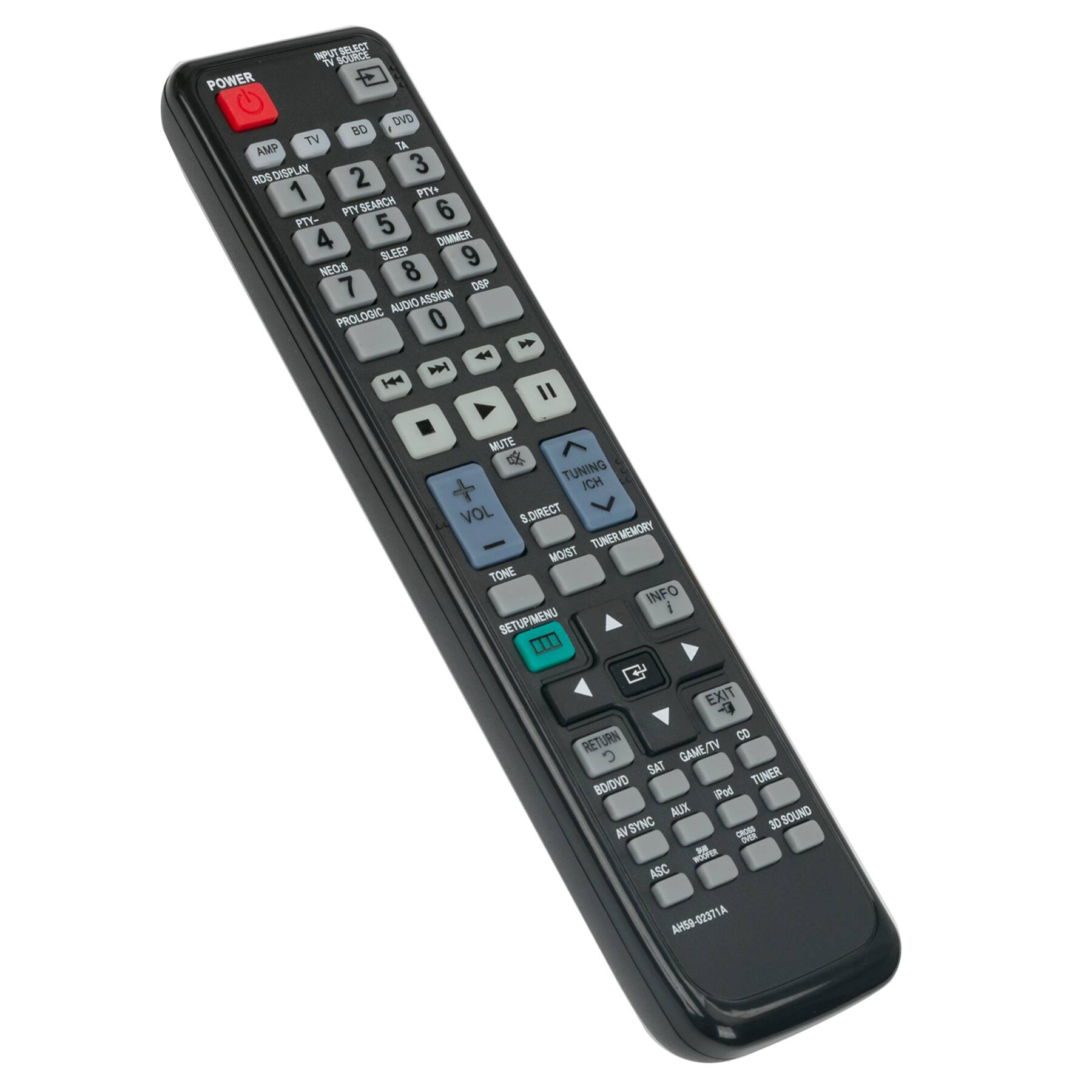 INPUT BALACT INPUT BOACE TN POWER DVD BO TV T4 AMP ROSDISPLAY Y0L 3 2 1 SEARCH PTY+ PTY- PTY 6 5 4 DIMMER SLEEP 9 NEOS 8 7 DSP ALDIO ASSIGN PROLOGIC 0 4 M H " MUTE TUNING CH VOL S.DIRECT TUNER TUNERMEMORY MOIST TONE INFO i SETUPIMENU 000 EXIT RETURN CO GAME/TV TV SAT TUNER BO/DVD Pot MUX 3O SOUND SYNC B 30 AM DR WdrEs ASC AH50-02371A 42HA

Corrected text based on the image:

INPUT BALACT INPUT BOACE TN POWER DVD BO TV T4 AMP ROSDISPLAY Y0L 3 2 1 SEARCH PTY+ PTY- PTY 6 5 4 DIMMER SLEEP 9 NEOS 8 7 DSP ALDIO ASSIGN PROLOGIC 0 4 M H " MUTE TUNING CH VOL S.DIRECT TUNER TUNERMEMORY MOIST TONE INFO i SETUPIMENU 000 EXIT RETURN CO GAME/TV TV