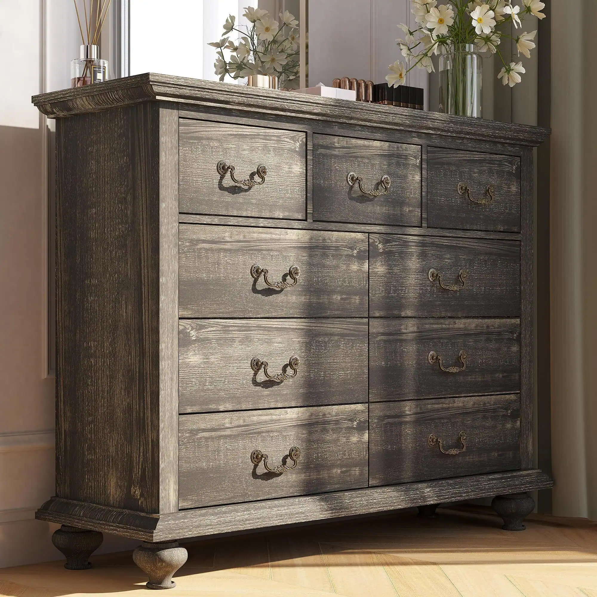 Alt View 7. Jojoka - 9 Drawers Dresser for Bedroom, Wooden Chest of Drawer with Large Drawers & Metal - Black.