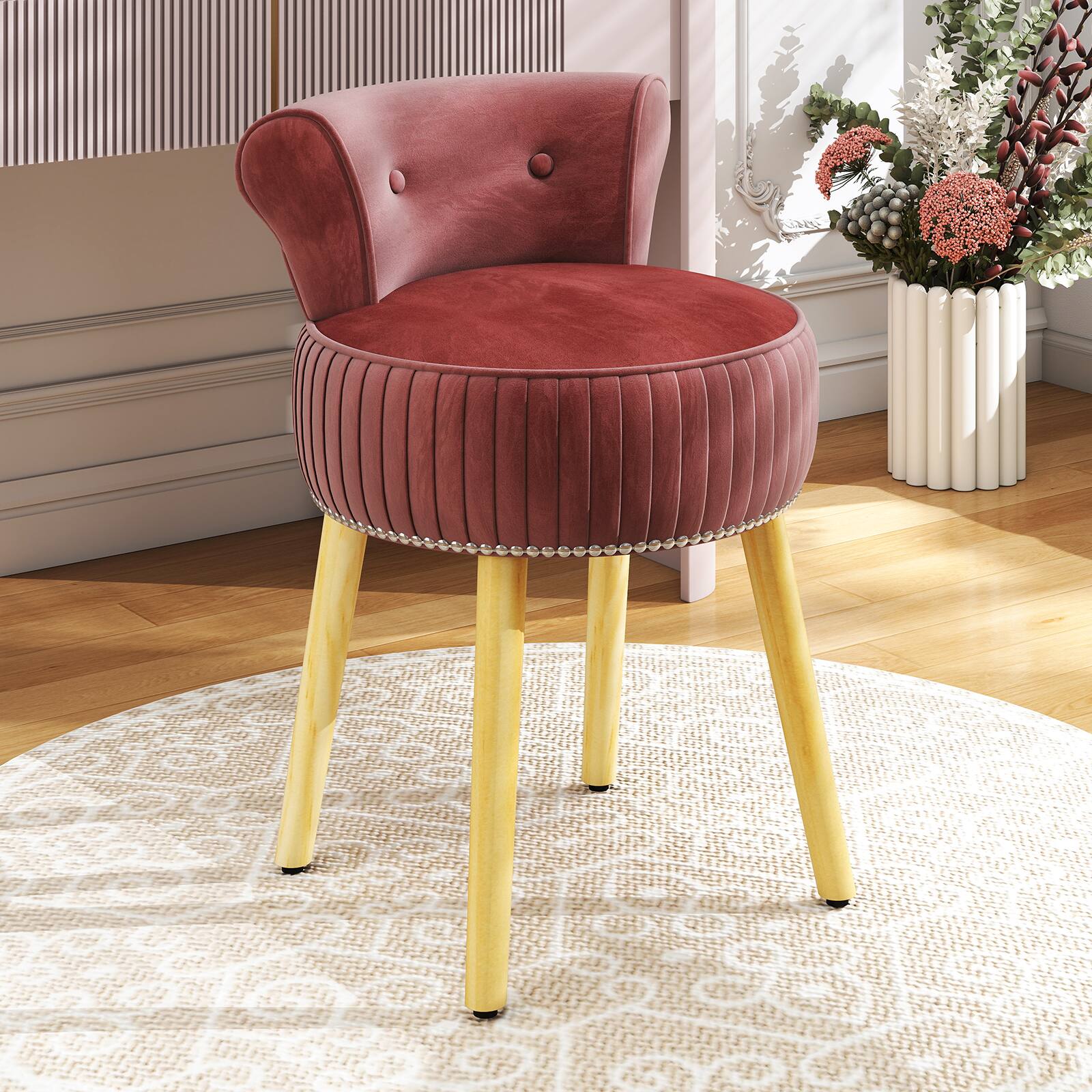 Alt View 1. Gymax - Gymax Velvet Vanity Chair w/ Back Tufted Low Back & Solid Wood Legs for Bedroom Pink - Pink.