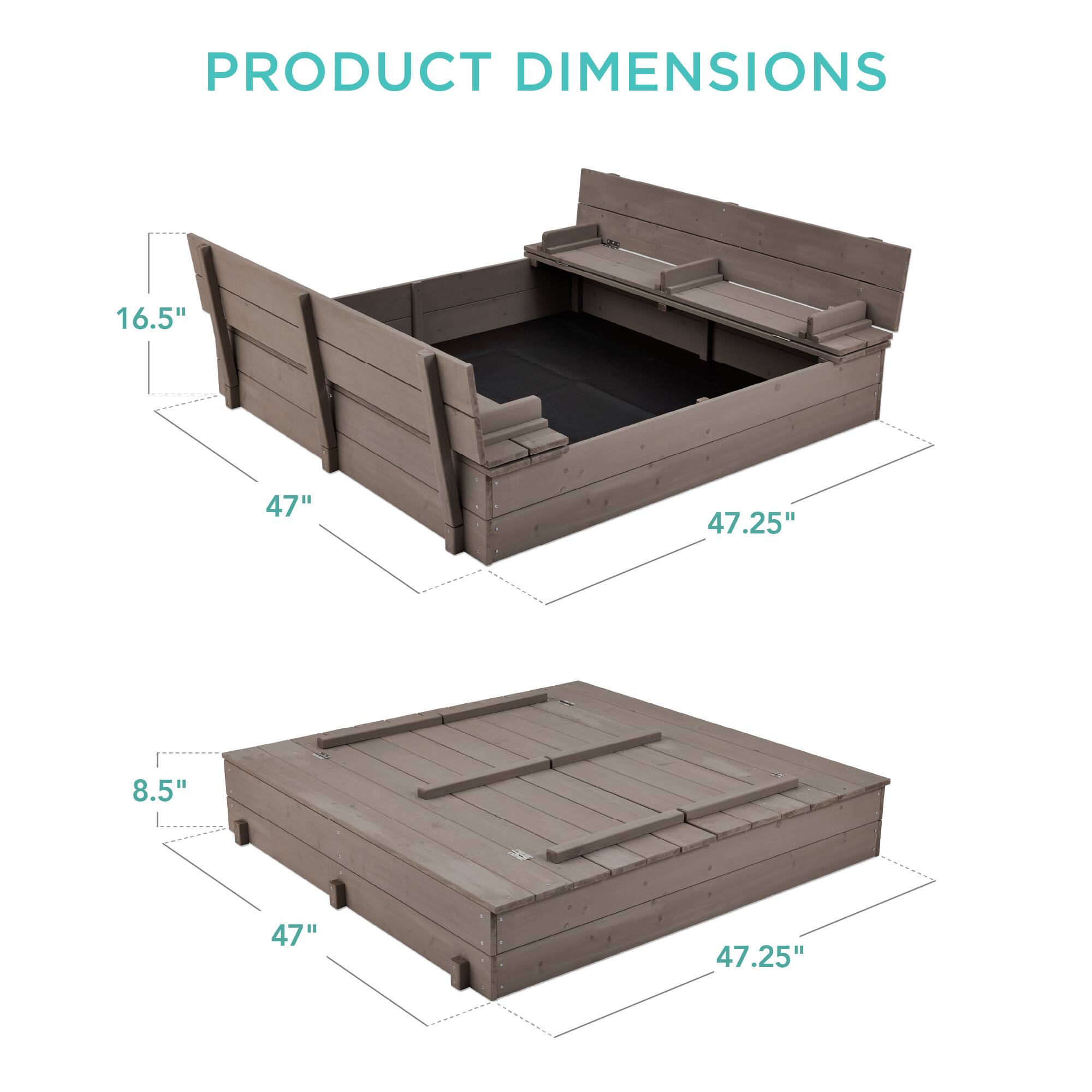 The corrected and grouped product dimensions are:

- Height: 16.5"
- Width: 47"
- Depth: 47.25"
- Height (when folded): 8.5"