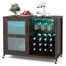 Gymax - Wine Bar Cabinet w/ Wheels LED Lights Storage Shelves Glass Holders Wine Racks - Rustic Brown