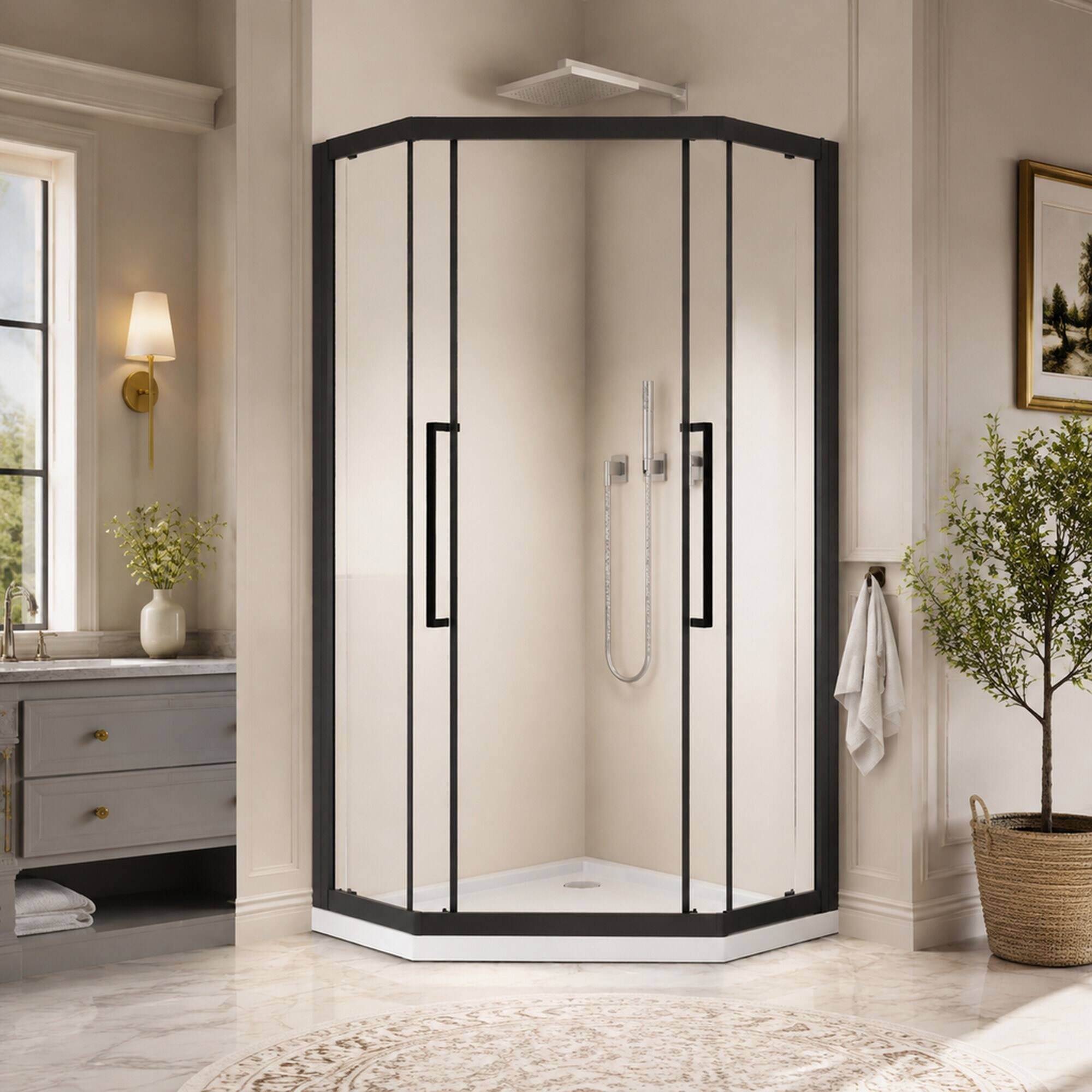 Left. RYHNUYNE - 36 In X 72 In Neo-Angle Sliding Shower Enclosure, 1/4 In Clear Tempered Glass With Stainless Steel Handles Black Finish - Matt Black.