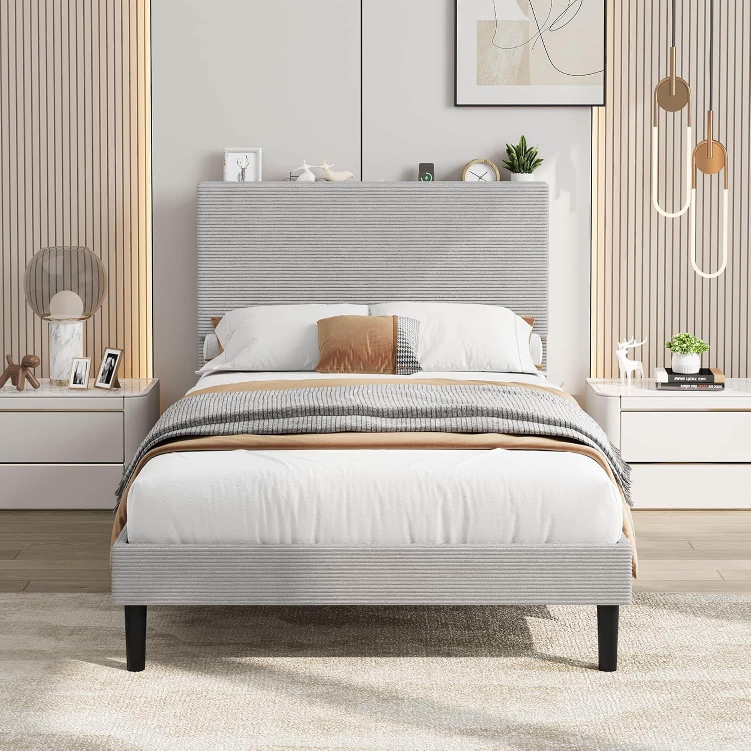 Homhougo - Twin Size Bed Frame with USB Charging Station, Corduroy Upholstered Platform Bed Frame with Adjustable Storage - Gray