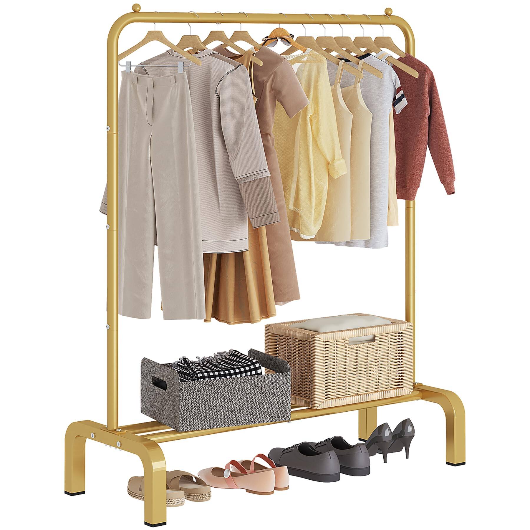 Hanke - Metal Clothing Rack With Wheels 43. Rolling Clothes Garment Coat Bottom Shelf For Hanging Coats Skirts Shir - Gold 16.7"D x 34"W x 58"H