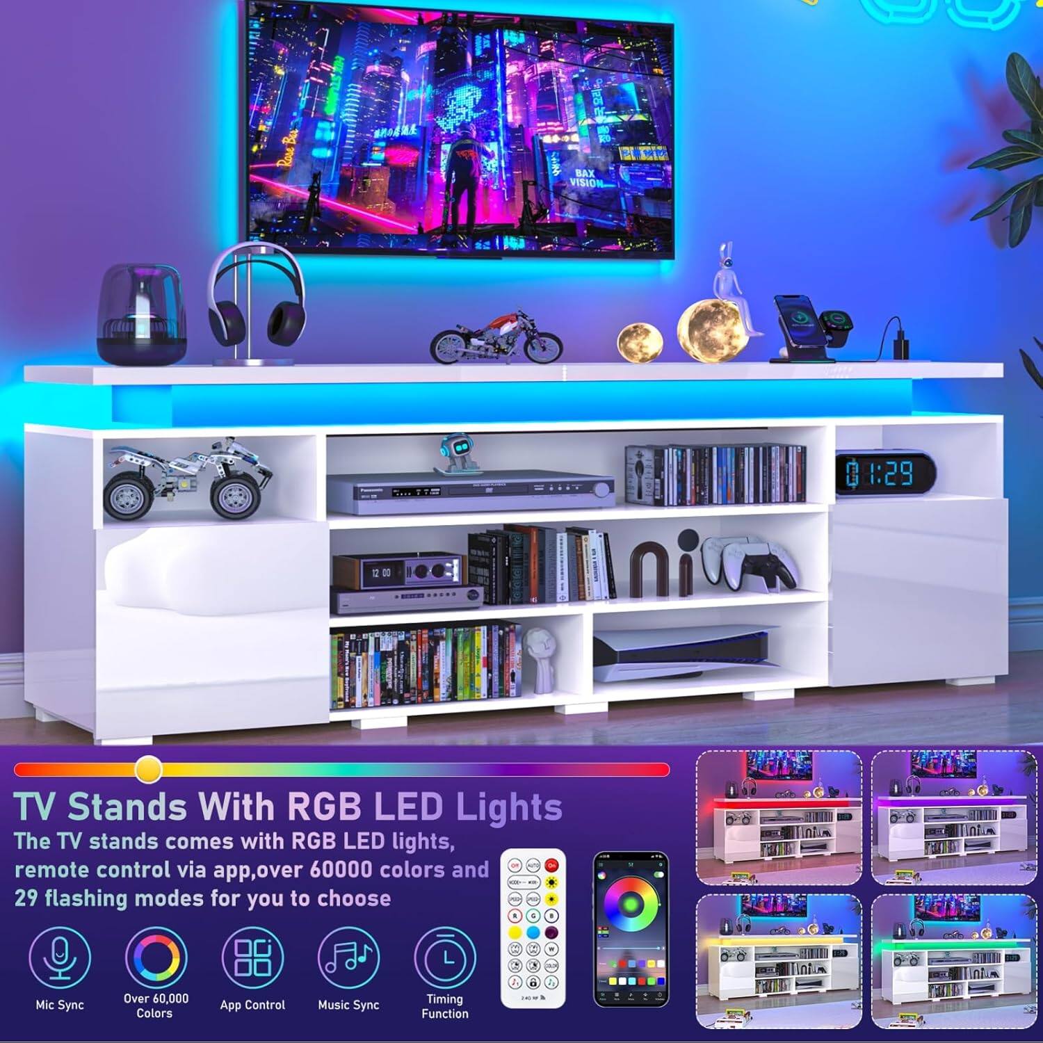 TV Stands With RGB LED Lights

The TV stands come with RGB LED lights, remote control via app, over 60000 colors and 29 flashing modes for you to choose

Mic Sync
Over 60,000 Colors
App Control
Music Sync
Timing Function