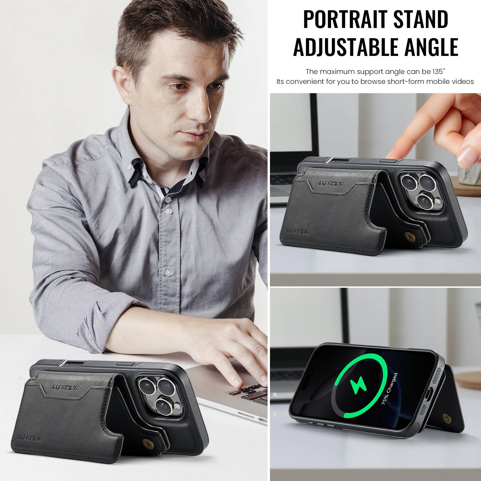PORTRAIT STAND ADJUSTABLE ANGLE

The maximum support angle can be 135°

Its convenient for you to browse short-form mobile videos

LUNES ASEEEANO 200 E

Charged 75%