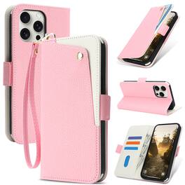 Dteck - for Apple iPhone 15 Pro Max Flip Wallet Case+Wrist Strap,PU Leather Card Slot Stand Magnetic Closure Shockproof Cover - Pink