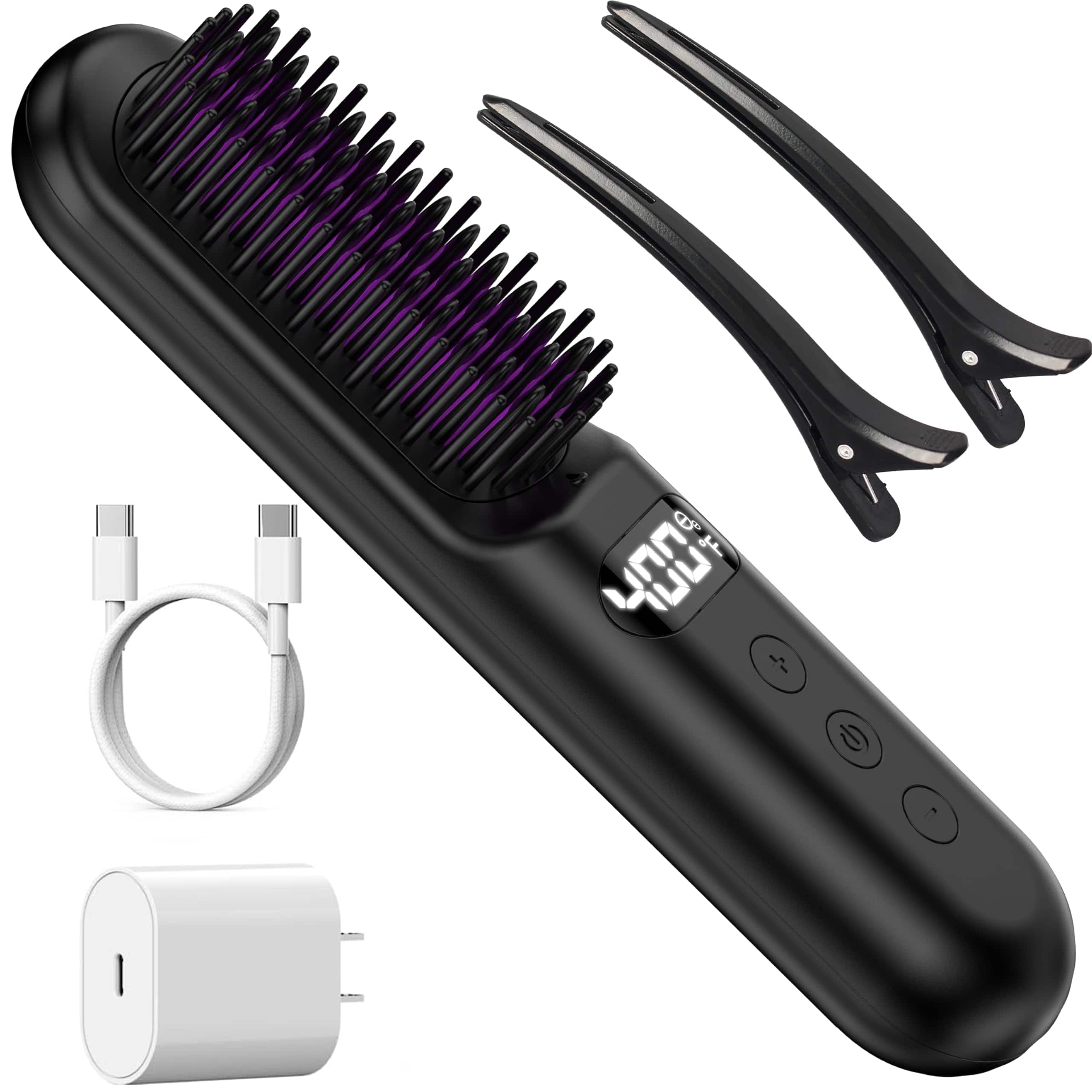 The Best Inks - Cordless Hair Straightener Brush 10000mah Rechargeable Ionic Thermal Wireless Straightening Comb grey - Black