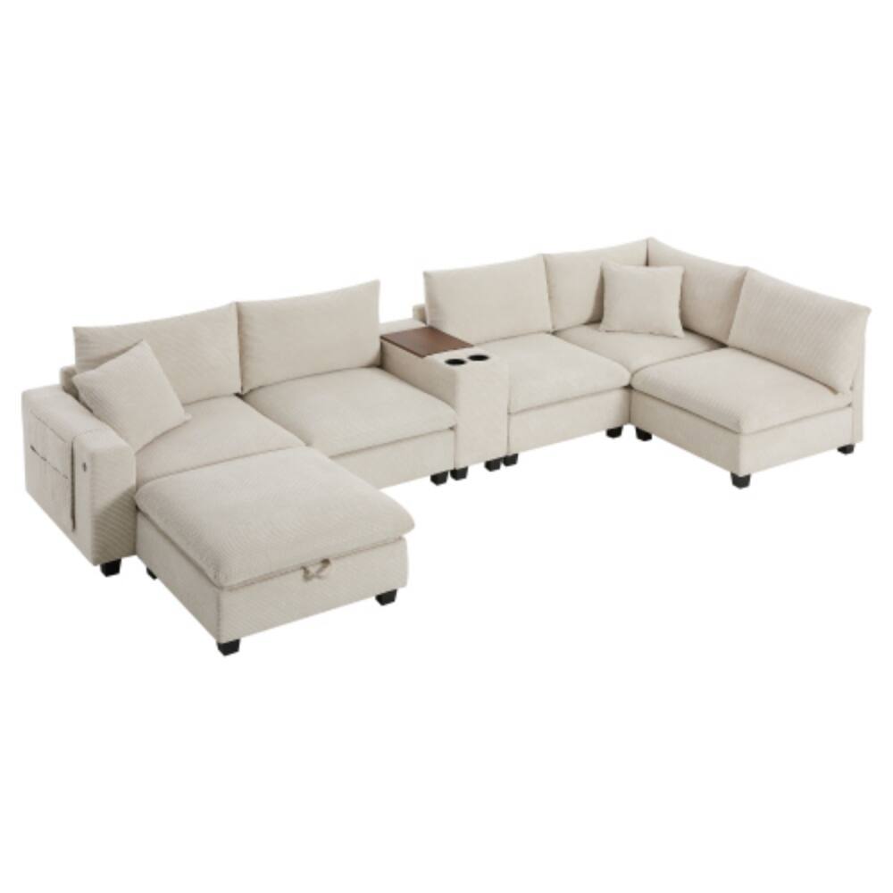 Alt View 6. LUCKY ONE - 140" Oversized U-Shaped 6-Seat Modular Corduroy Sectional Sofa w/ Storage Ottoman & Console - Beige.