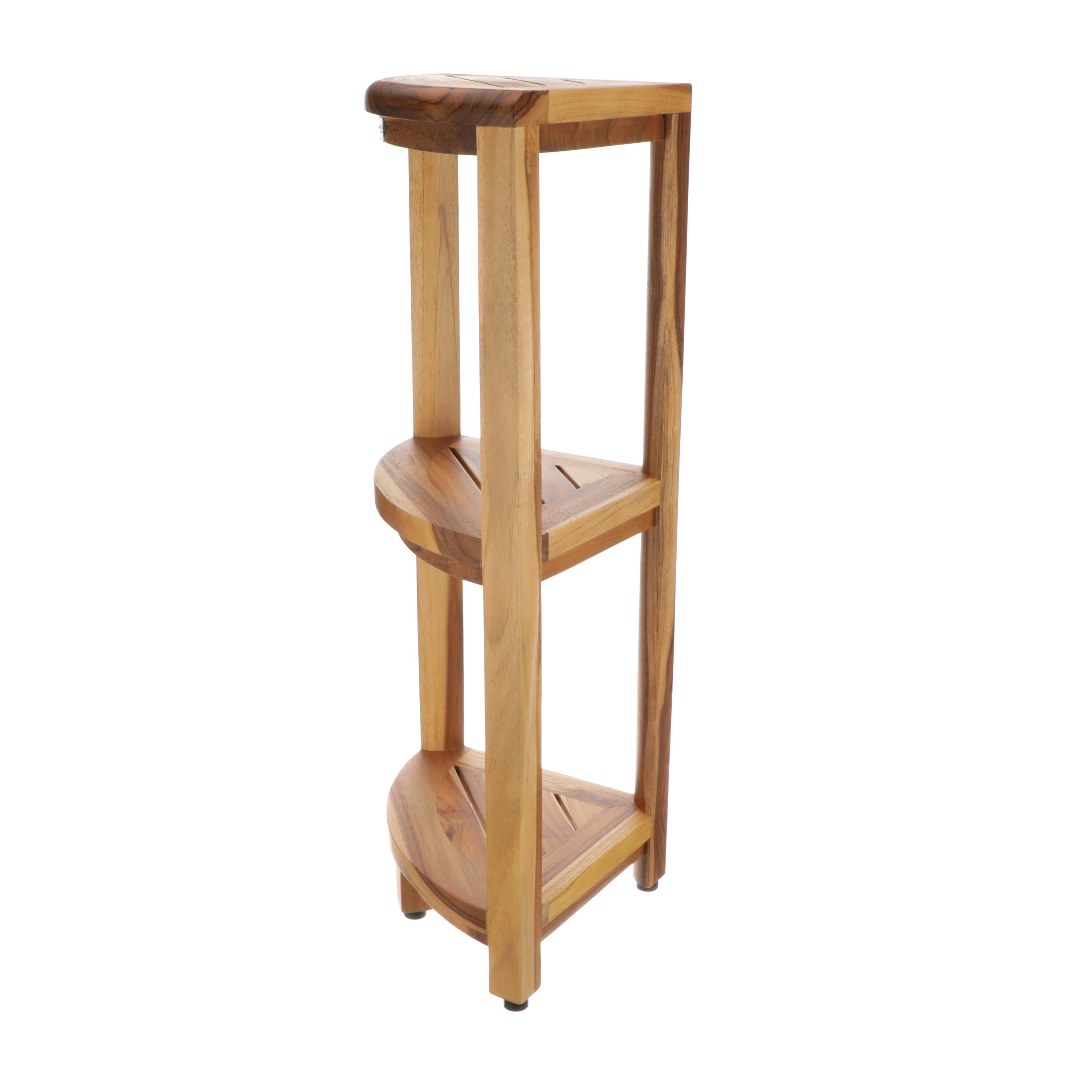 Left. EcoDecors - EcoDecors Snazzy Corner Natural Color Three Tier Shelf Waterproof Teak Wood Shower Shelf - EarthyTeak.