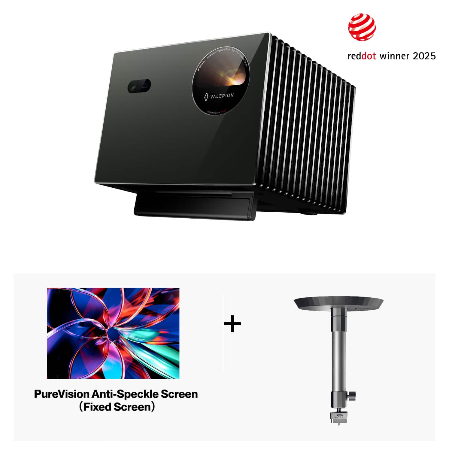 Valerion - VisionMaster Pro2 4K Triple Laser Projectorwith 120" PureVision Anti-Speckle Screen (Fixed Frame)& Ceiling Mount - Black