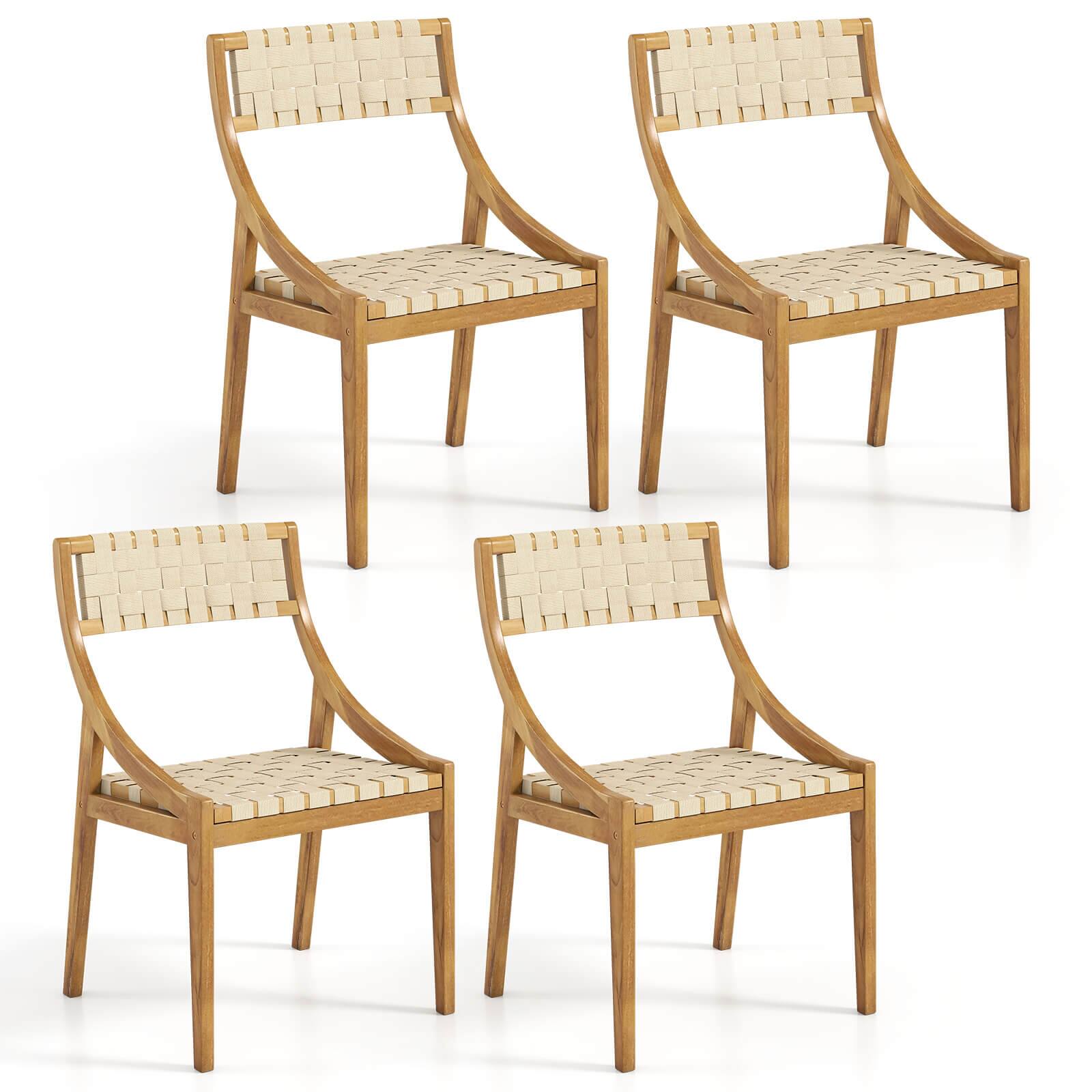 Costway - 4 PCS Outdoor Dining Chair Teak Wood Armless Patio Chair with Webbing Seat & Backrest - Natural