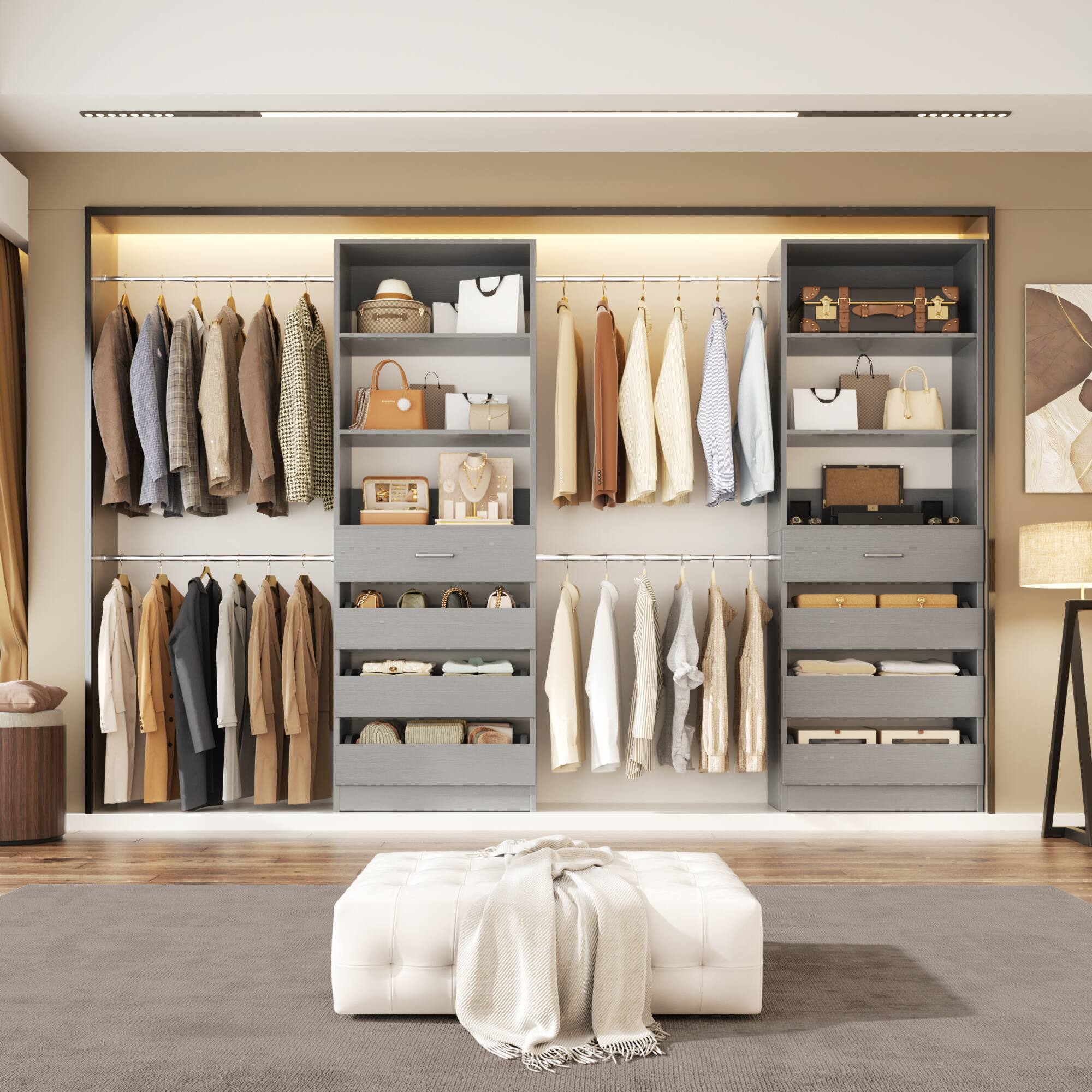 Back. Aheaplus - 6-15Ft Wood Walk-in Closet Organizer: 8 Drawers, 4 Hanging Rods & Tower - Gray.