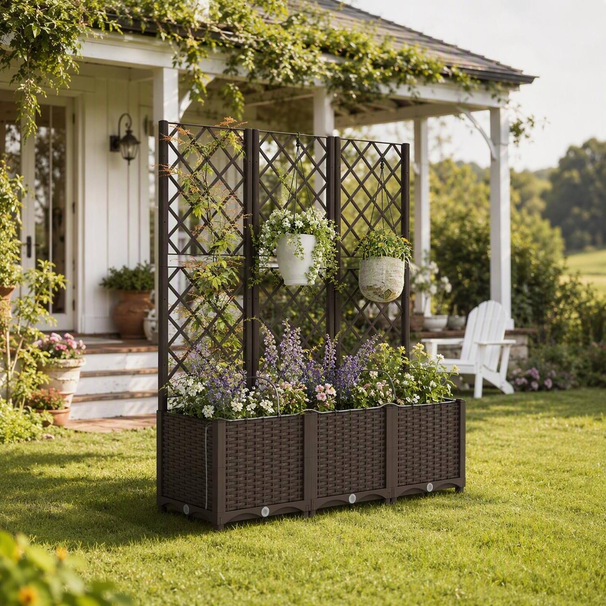 Angle. RYHNUYNE - Self-Watering Raised Garden Bed with Trellis, 3-Tier Modular Planter Box in Brown PP, 47.2x15.7x53.5 Inches - Brown.