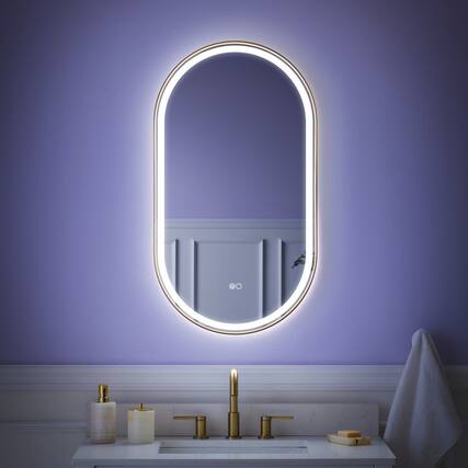 Front. WELLFOR - 20"x36" Oval LED Framed Bathroom Vanity Mirror with Anti-Fog &Dimmable, Wall-Mounted Bathroom LED Lighted Mirror - Brushed Gold.