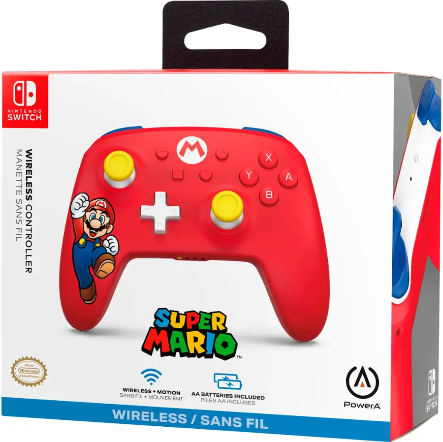 aD NINTENDO SWITCH MANETTE WIRELESS SANS FIL CONTROLLER oa Hintenaln - Produc M X Y  M + SUPER MARIO TM WIRELESS . MOTION SANS FIL AA BATTERIES + MOUVEMENT INCLUDED PILES AA INCLUSES WIRELESS I SANS FIL A PowerA 0l 7972 7EH Sk