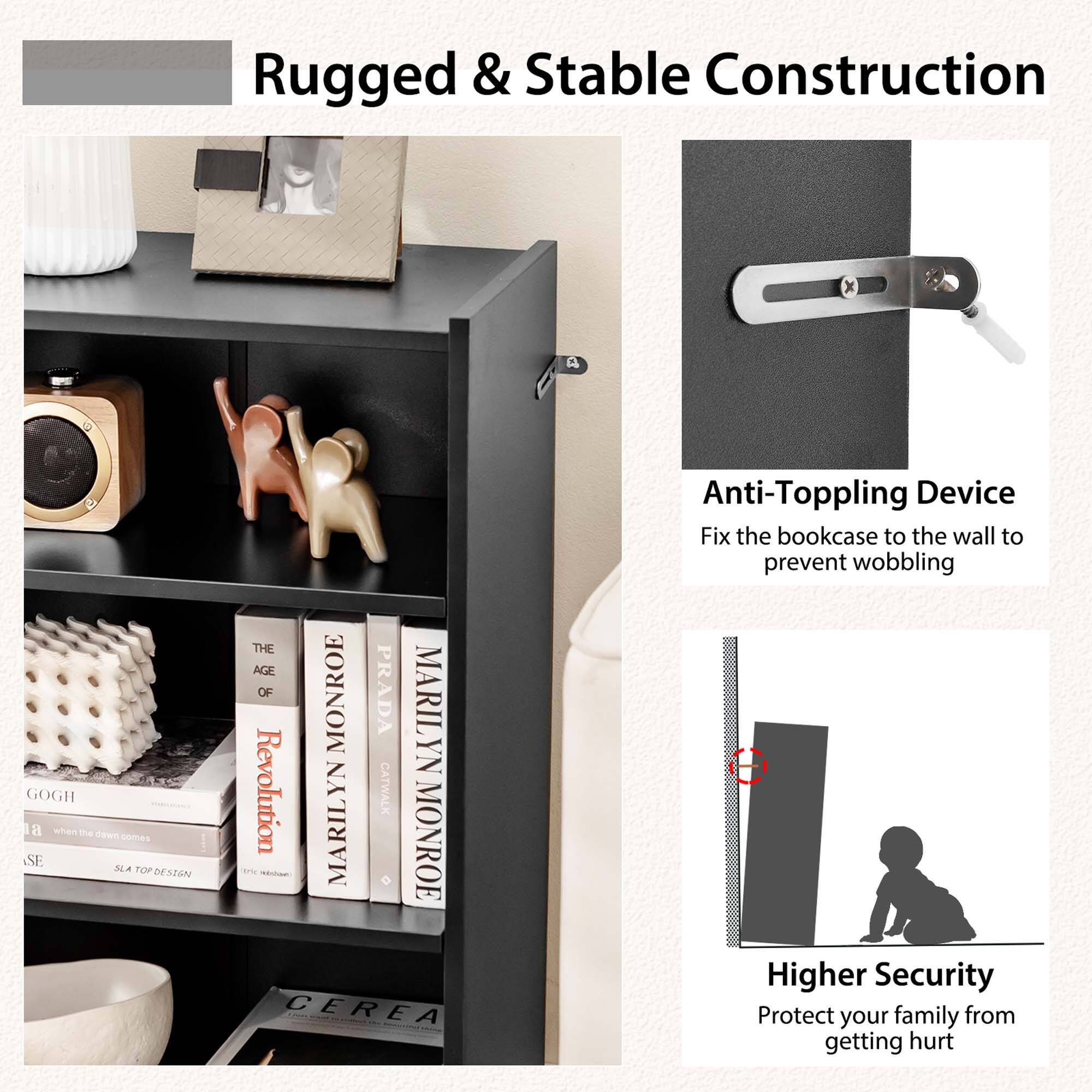 Rugged & Stable Construction: GOGH B when the Oen somes SE SLA TOP DESZON THE AGE OF MONROE PRADA MARIL YN Revolution YN CATWALK a MARIL MONROE CEREA Anti-Toppling Device: Fix the bookcase to the wall to prevent wobbling Higher Security: Protect your family from getting hurt