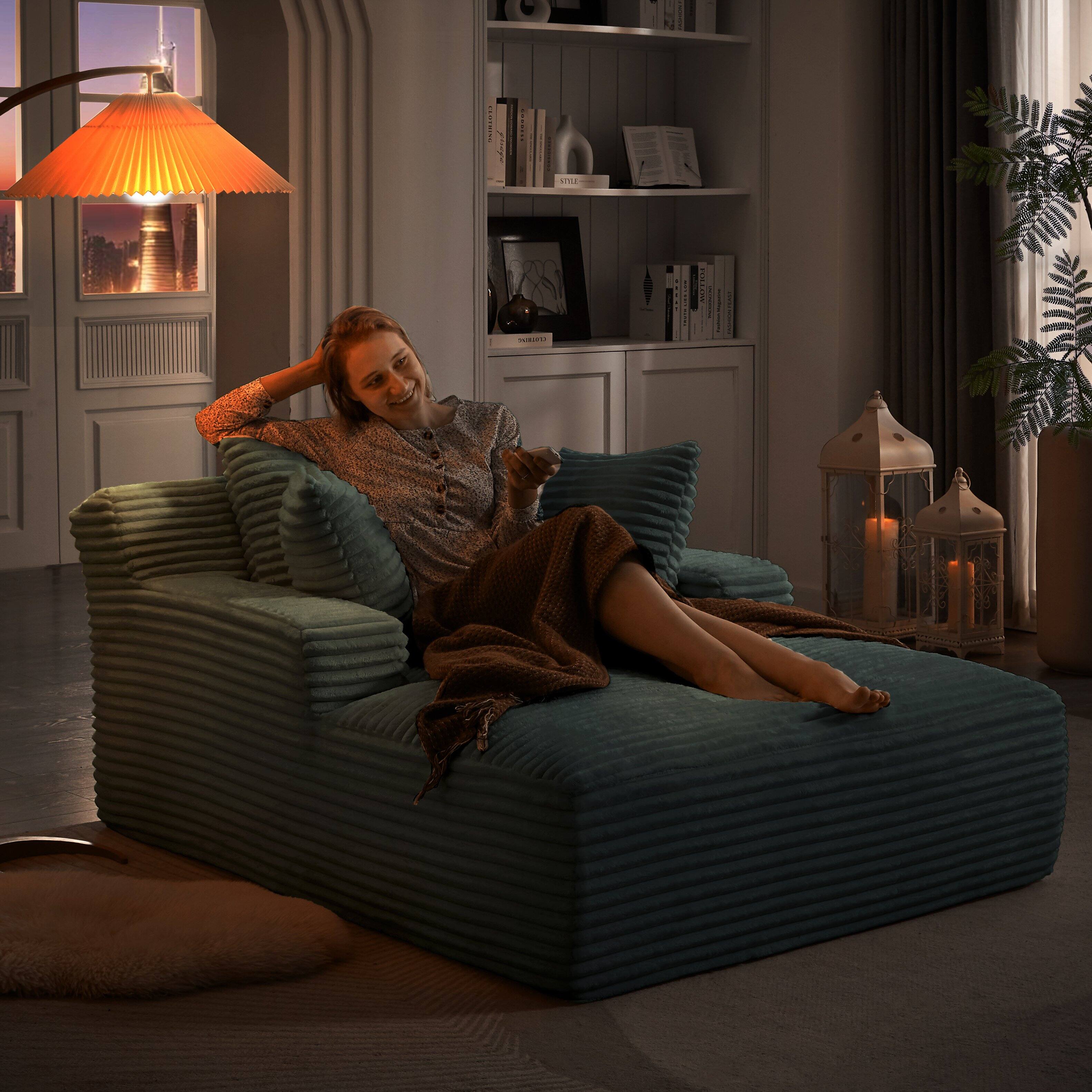 Alt View 1. Trinkets Crazed - 49.2 Inches Corduroy Chaise Lounge Indoor, Oversized Chaise Lounge Chair with 3 Throw Pillows and Armrests - Dark Grey.