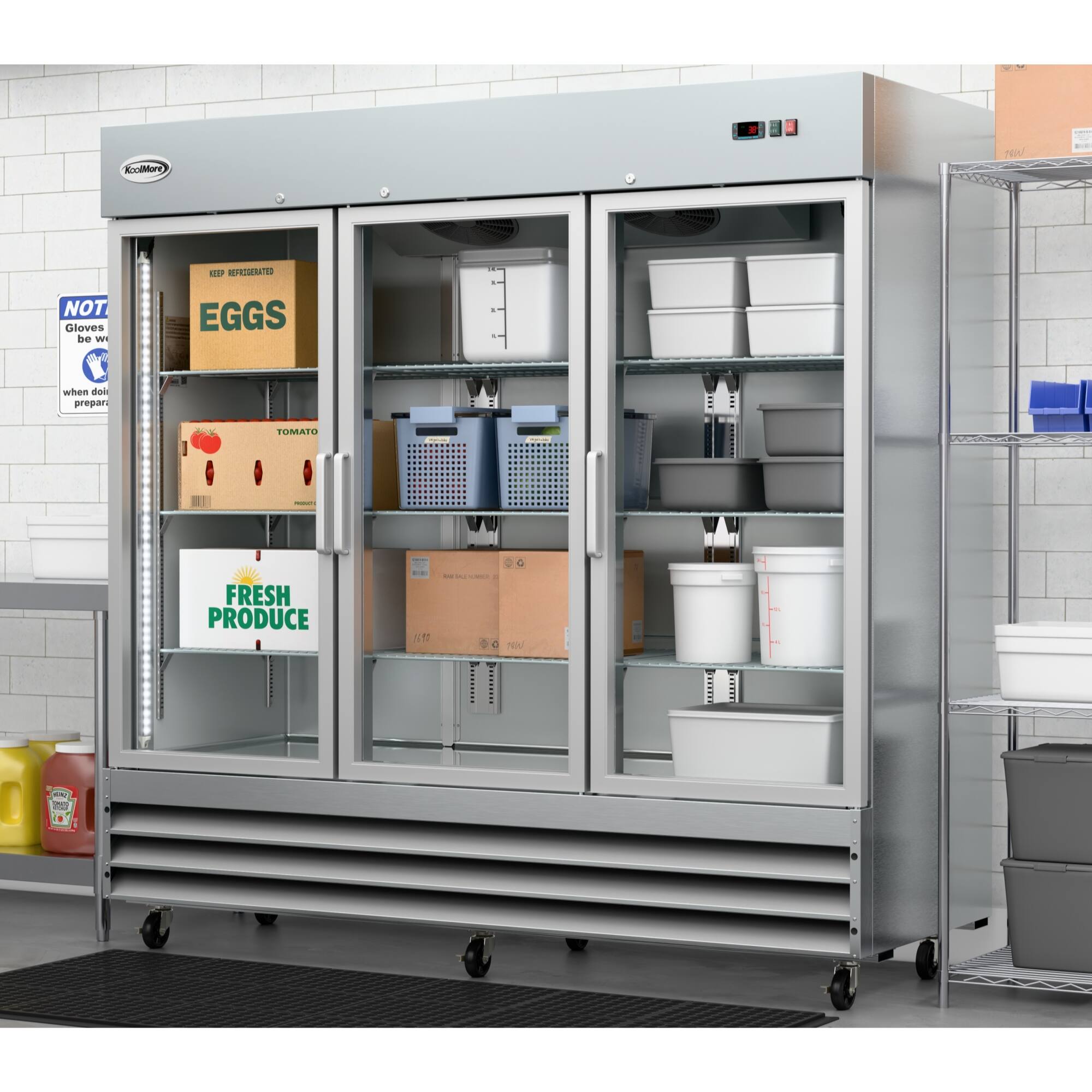 Knodtar NW SEEP REPRCIRATED NOT Gloves be WY Sh EGGS when doing preparation. Fresh produce, tomato, and eggs are stored in the refrigerator.