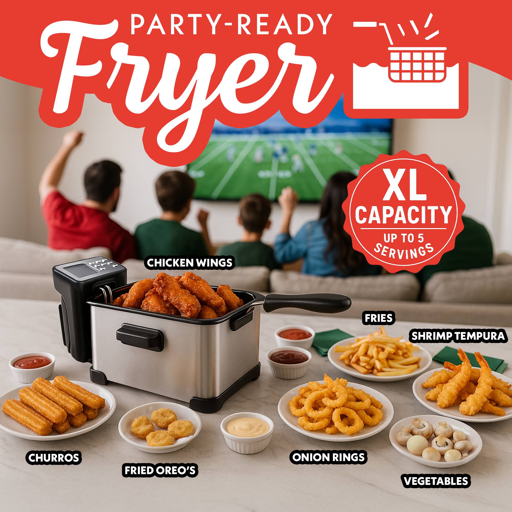 PARTY-READY Fryer  
XL CAPACITY UP TO 5 SERVINGS  
CHICKEN WINGS  
FRIES  
SHRIMP TEMPURA  
CHURROS  
FRIED OREO'S  
ONION RINGS  
VEGETABLES
