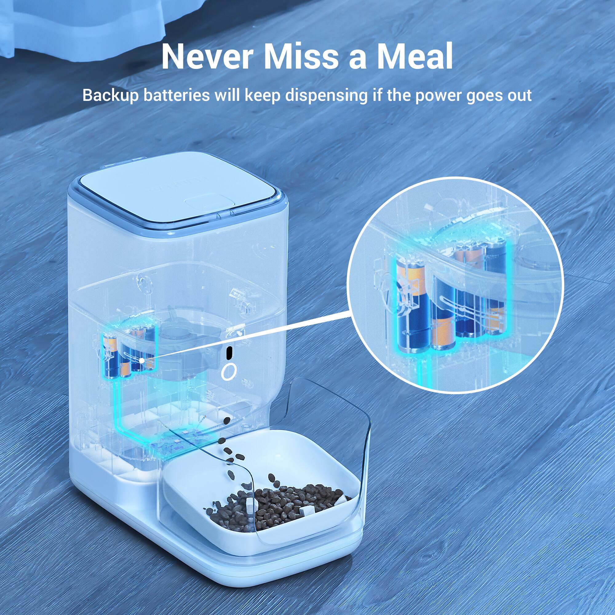 Never Miss a Meal  
Backup batteries will keep dispensing if the power goes out
