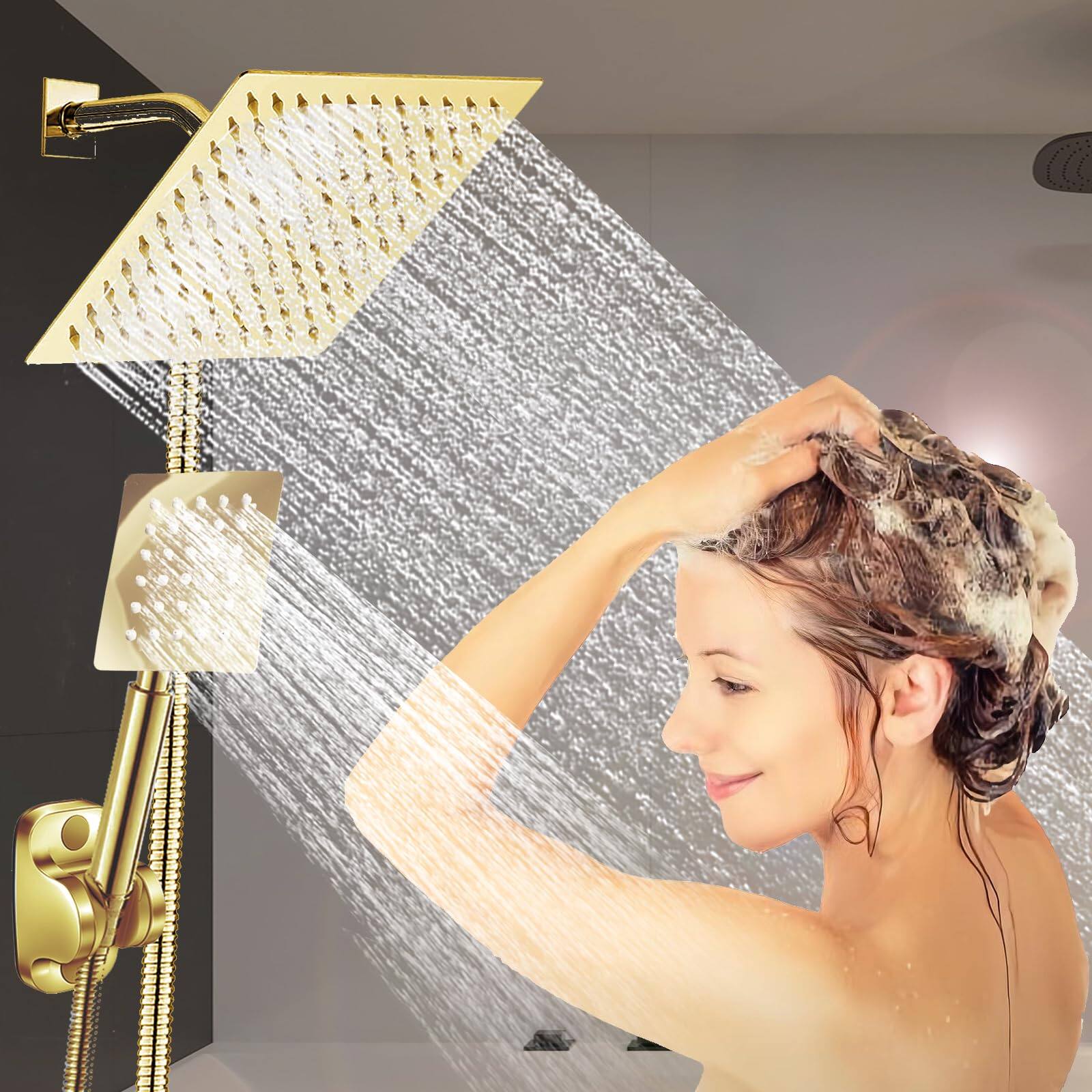 Alt View 5. Paradigms Interiors - High Square Rain Shower Head Combo Equipped With All Metal Hand Extra Long Hose 3 way Diverter Adhesive Hol... - Square#Matte Black-6'' Showerhead Set.