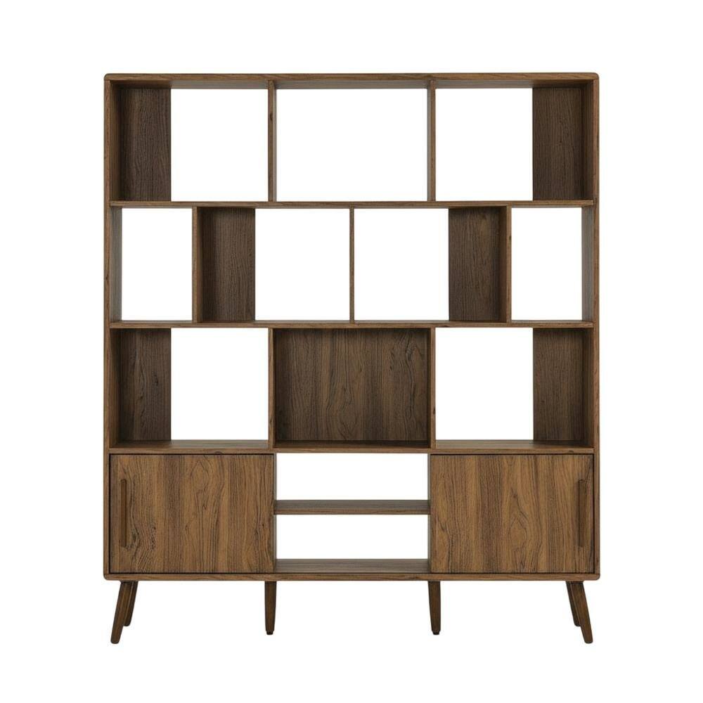 Back. FurniFact - Wooden Bookcase with Sliding Doors and Contemporary Design - Brown.