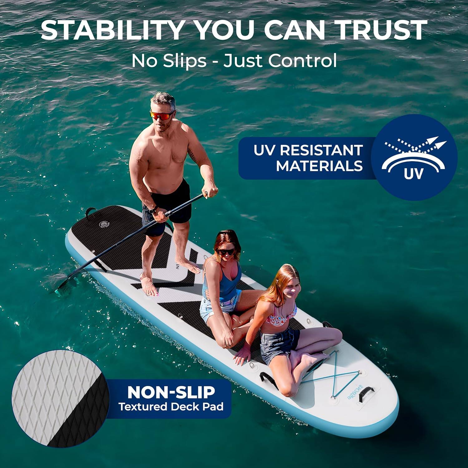 STABILITY YOU CAN TRUST  
No Slips - Just Control  

UV RESISTANT MATERIALS  

NON-SLIP  
Textured Deck Pad