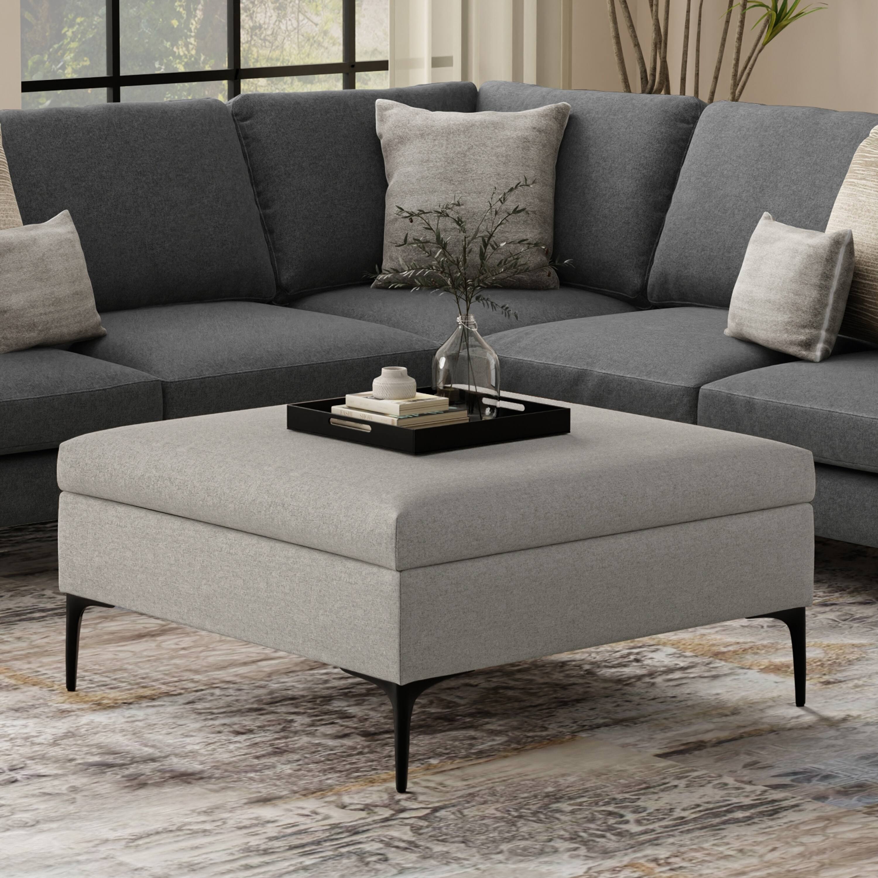 Angle. Simpli Home - Rebecca 36 inch Contemporary Coffee Table Storage Ottoman with Lift Up Lid in Cloud Grey Polyester Linen, Assembled - Cloud Grey.