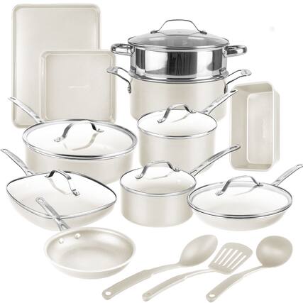 Front. Gotham Steel - Gotham Steel Cream Nonstick 20 Piece Ceramic Cookware and Bakeware Set with Utensils - Cream.