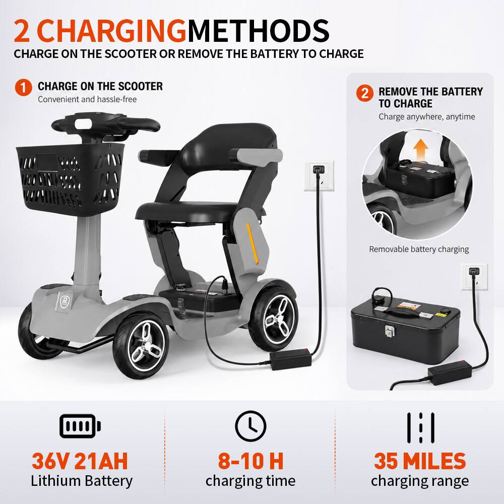 2 CHARGING METHODS
CHARGE ON THE SCOOTER OR REMOVE THE BATTERY TO CHARGE

1. CHARGE ON THE SCOOTER
Convenient and hassle-free

2. REMOVE THE BATTERY TO CHARGE
Charge anywhere, anytime

36V 21AH Lithium Battery
8-10 H charging time
35 MILES charging range