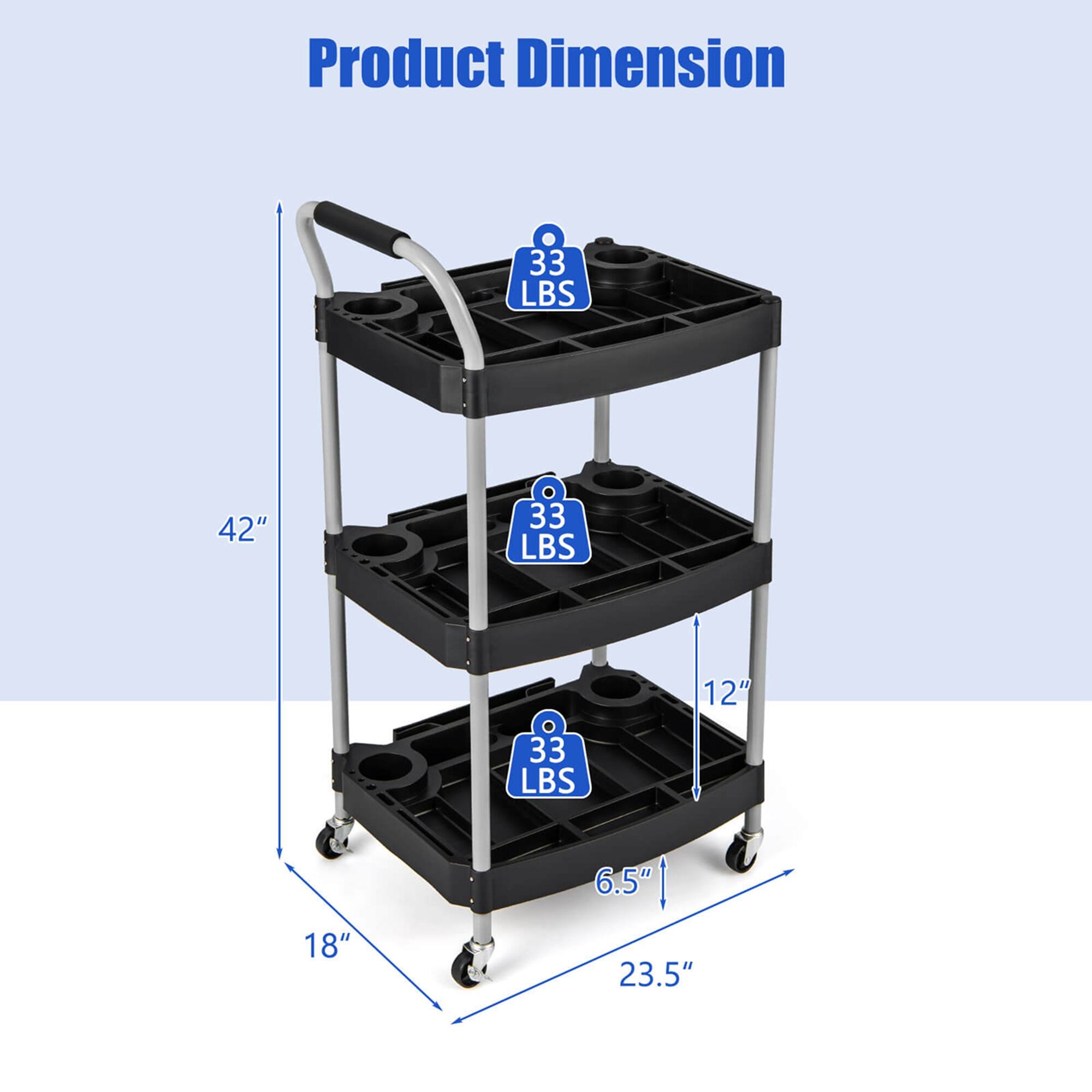 Product Dimension

- 42" (height)
- 18" (width)
- 23.5" (depth)
- 12" (shelf height)
- 6.5" (shelf height)
- 33 LBS (weight capacity for each shelf)