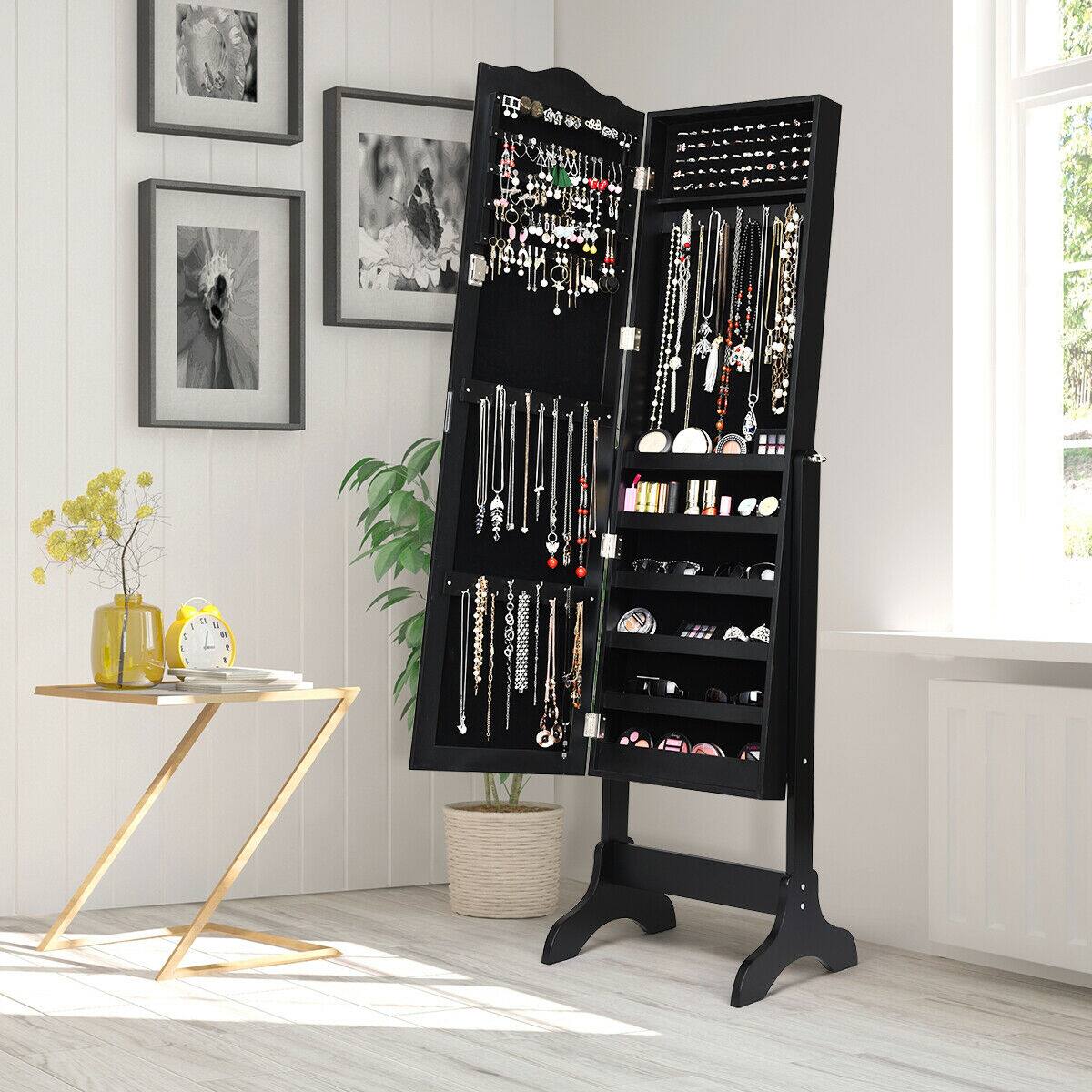 Alt View 11. Costway - Mirrored Jewelry Cabinet Mirror Organizer Storage Box Stand - Black.