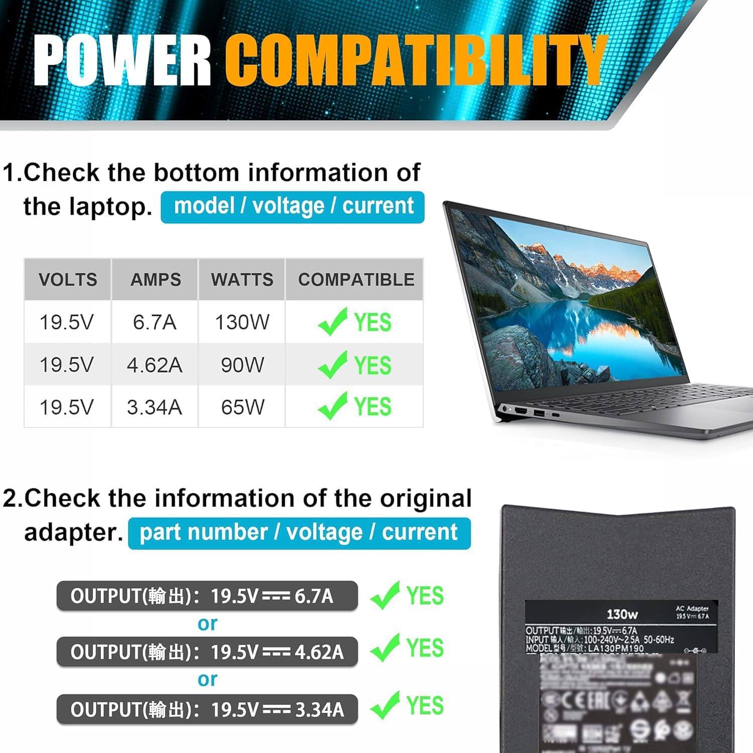 POWER COMPATIBILITY

1. Check the bottom information of the laptop. model / voltage / current

VOLTS AMPS WATTS COMPATIBLE
19.5V 6.7A 130W YES
19.5V 4.62A 90W YES
19.5V 3.34A 65W YES

2. Check the information of the original adapter. part number / voltage / current

OUTPUT(输出): 19.5V = 6.7A YES
OUTPUT(输出): 19.5V = 4.62A YES
OUTPUT(输出): 19.5V = 3.34A YES

AC Adapter 130w 295V-67A OUTPUT/: 19.5V = 6.7A 100 00-240V~25A 50-60Hz MODEL LA130PM190