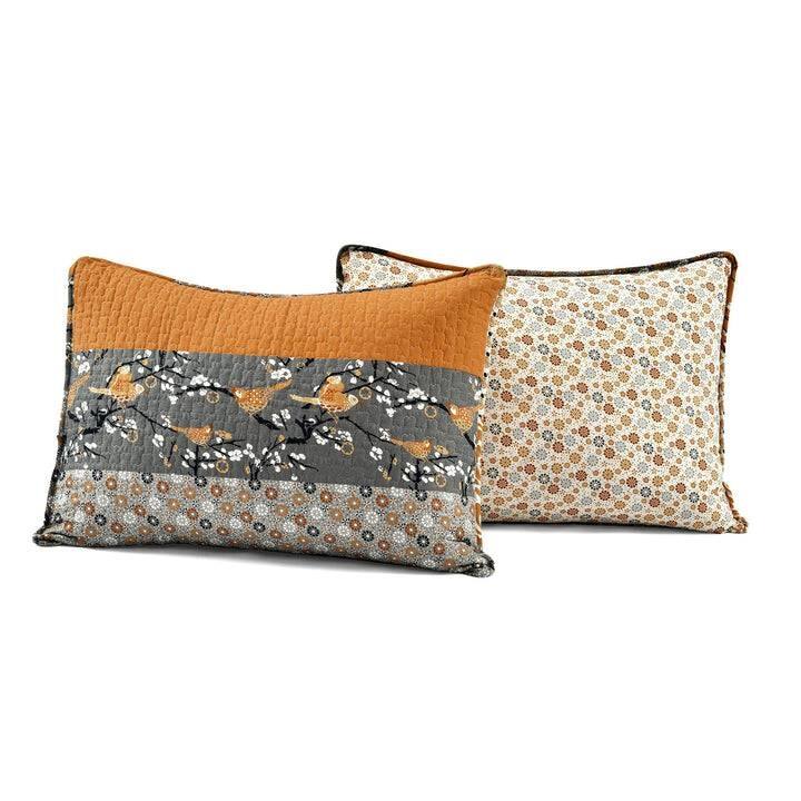 Back. Hivvago - King size Orange Grey Boho Floral Birds Reversible Lightweight Quilt Set - Orange Grey.